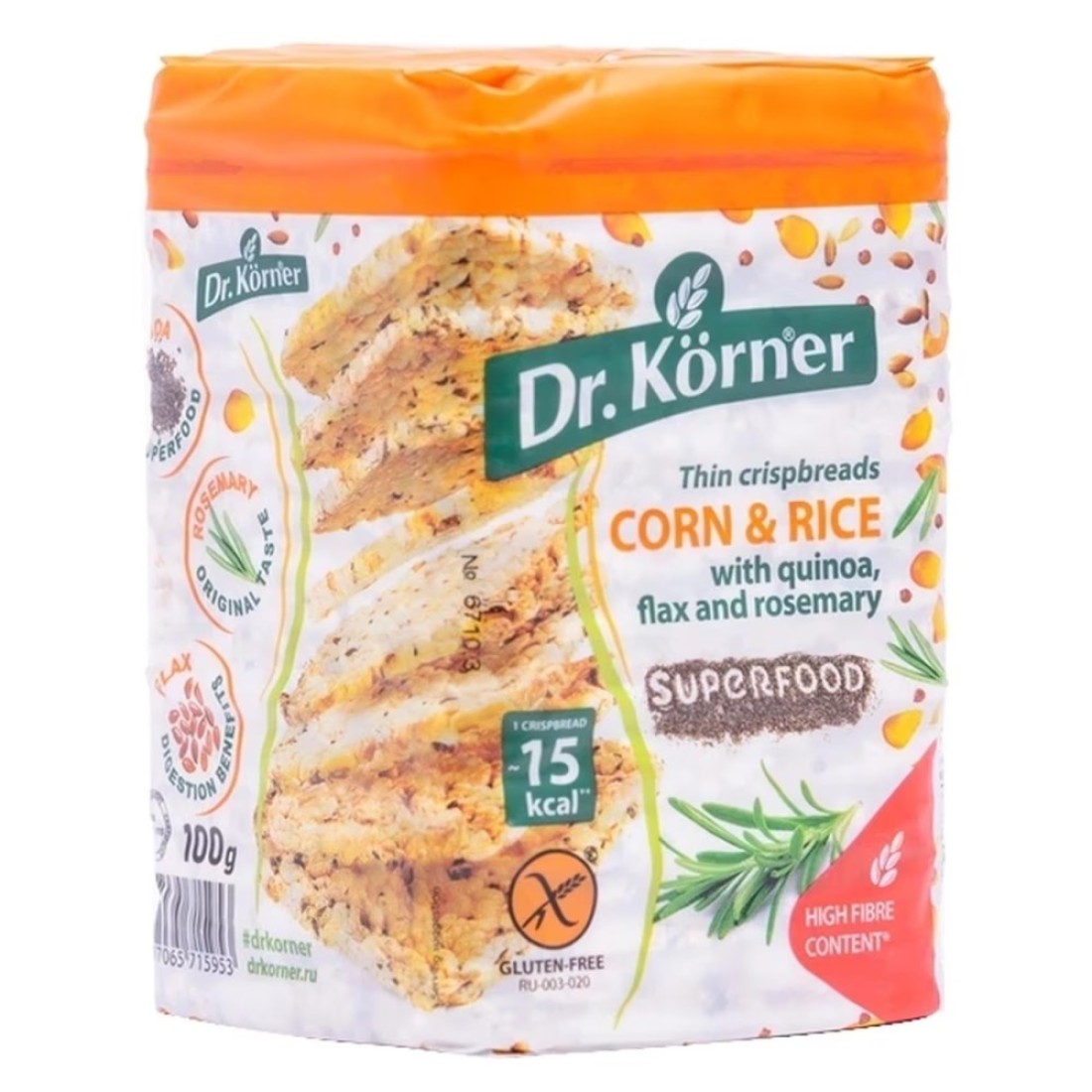 Dr. Korner Corn and Rice Thin Crispbreads with Quinoa Flax and Rosemary Superfood 100g
