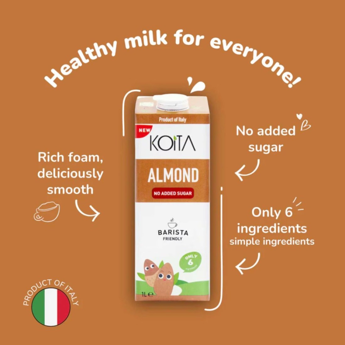 Koita Almond No Added Sugar Milk 100% Plant-Based Dairy &amp; Lactose Free 1L
