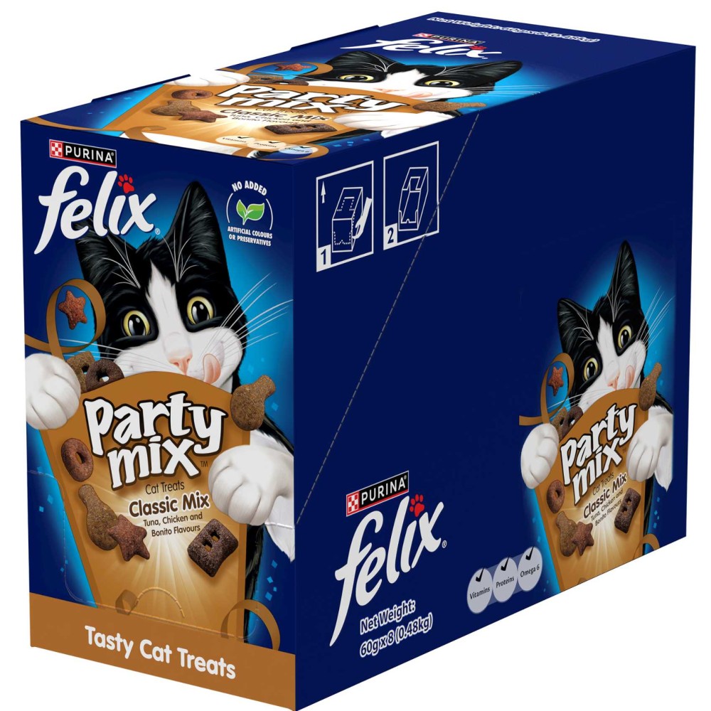 Purina Felix Party Mix Classic Mix Dry Cat Treats, 60g Pack of 8