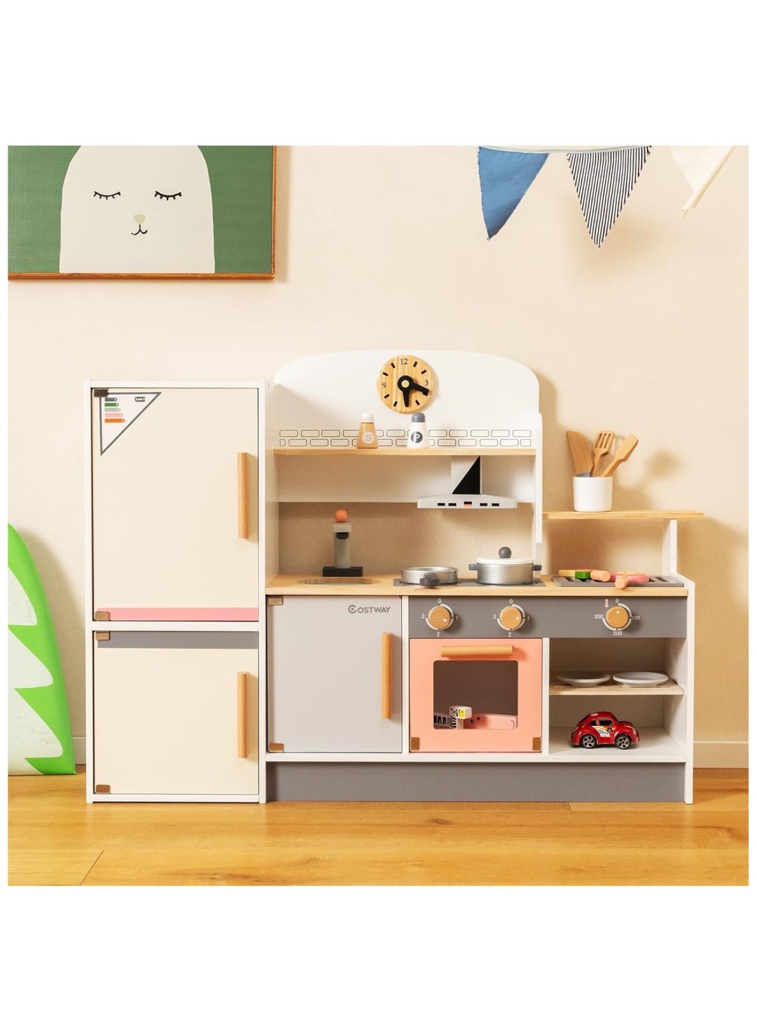 3-in-1 Wooden Kids Kitchen Playset &ndash; Natural Pretend Toy Kitchen with Refrigerator, Barbecue Grill, Range Hood, and Bowl Rack for Toddlers Little Chef Play Set