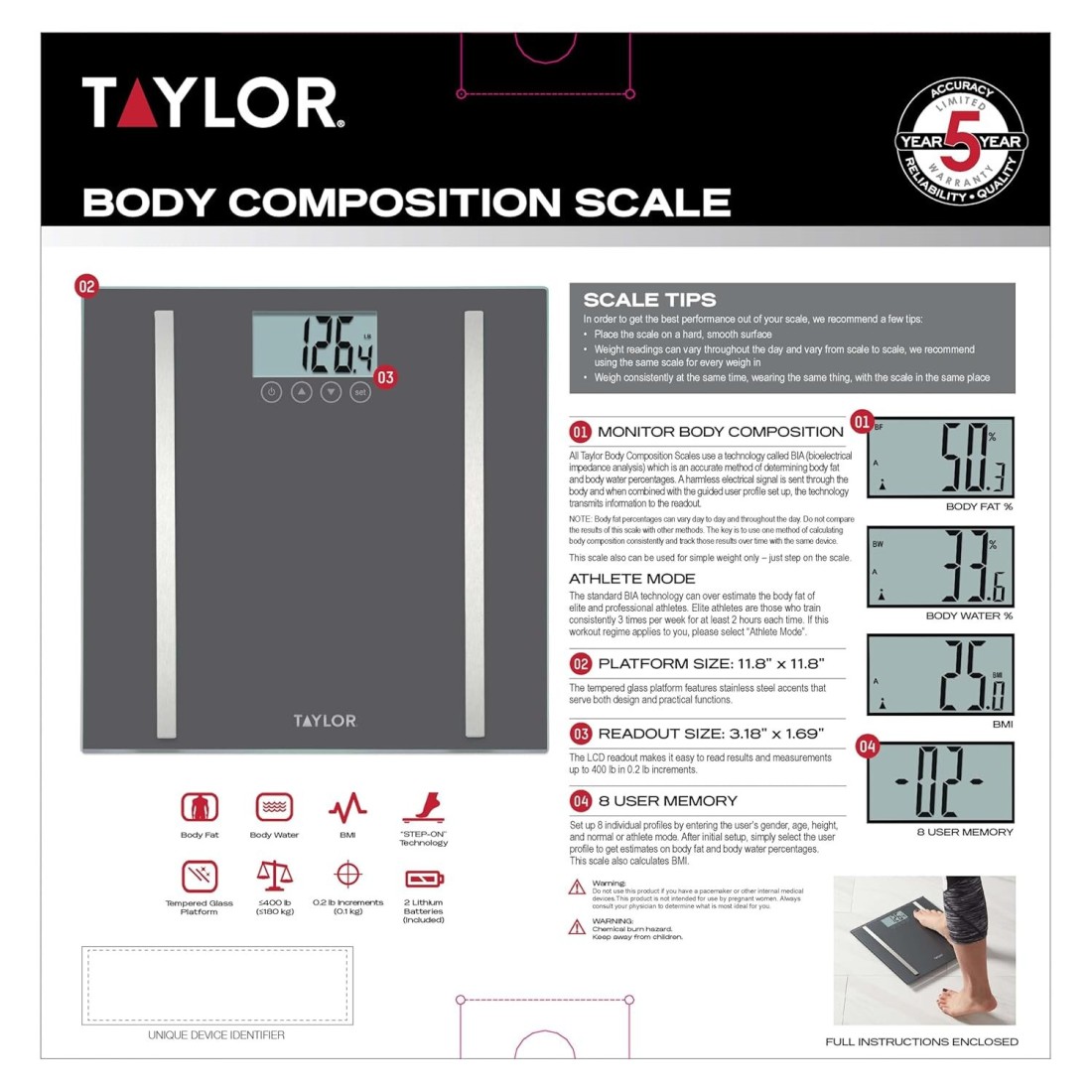 Taylor Digital Body Composition Scale, Bathroom Scale for Body Weight, Measures Body Fat, Body Water &amp; Muscle Mass, 8 User Recognition, Normal &amp; Athlete Modes, FSA HSA Eligible, 400 lb Capacity, Black