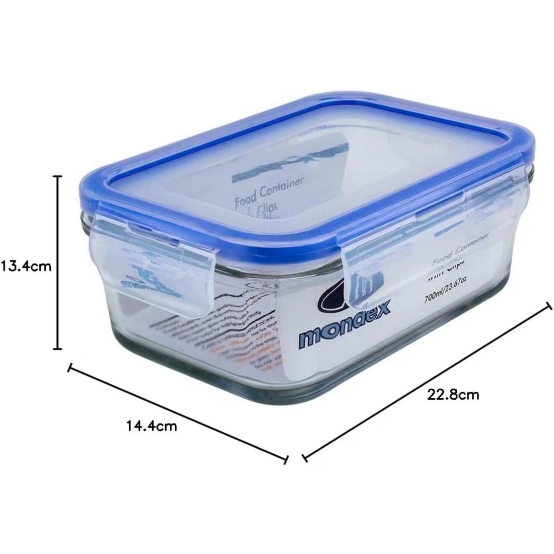 Mondex Glass Food Container With Clips Clear/Blue 350ml+700ml 2 PCS