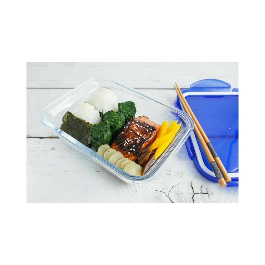 Pyrex Cook &amp; Go Rectangular Food Container With Lid Clear/Blue 1.7L