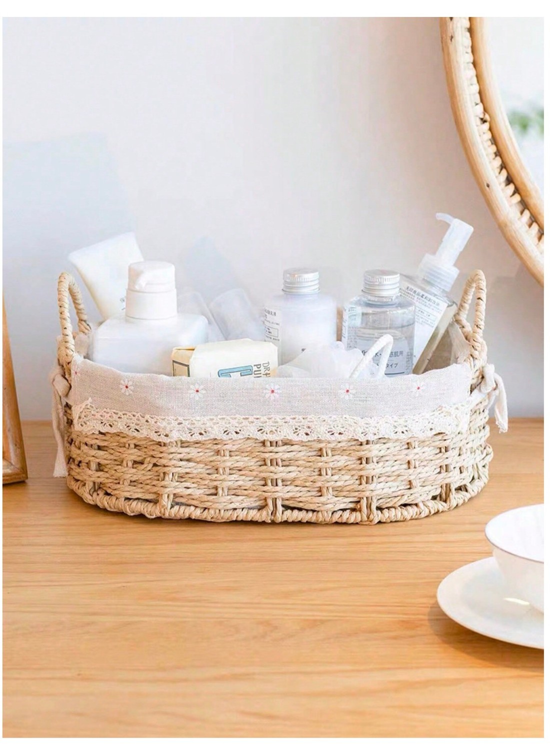 Set of 2 Eco-Friendly Oval Handwoven Storage Baskets with Handles, Durable Woven Bins with Sturdy Frame and Removable Liners for Home Organization in Living Room, Bedroom, Bathroom and Nursery-Beige