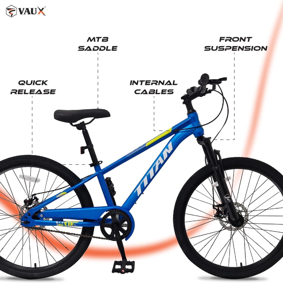 Vaux Titan 26&rdquo; Mountain Bike &ndash; Steel Frame, Front Suspension Fork with Lock, Double Wall Alloy Rims, Front &amp; Rear Disc Brakes, Threadless Headset, Quick Release Seat Post &ndash; MTB Bicycle