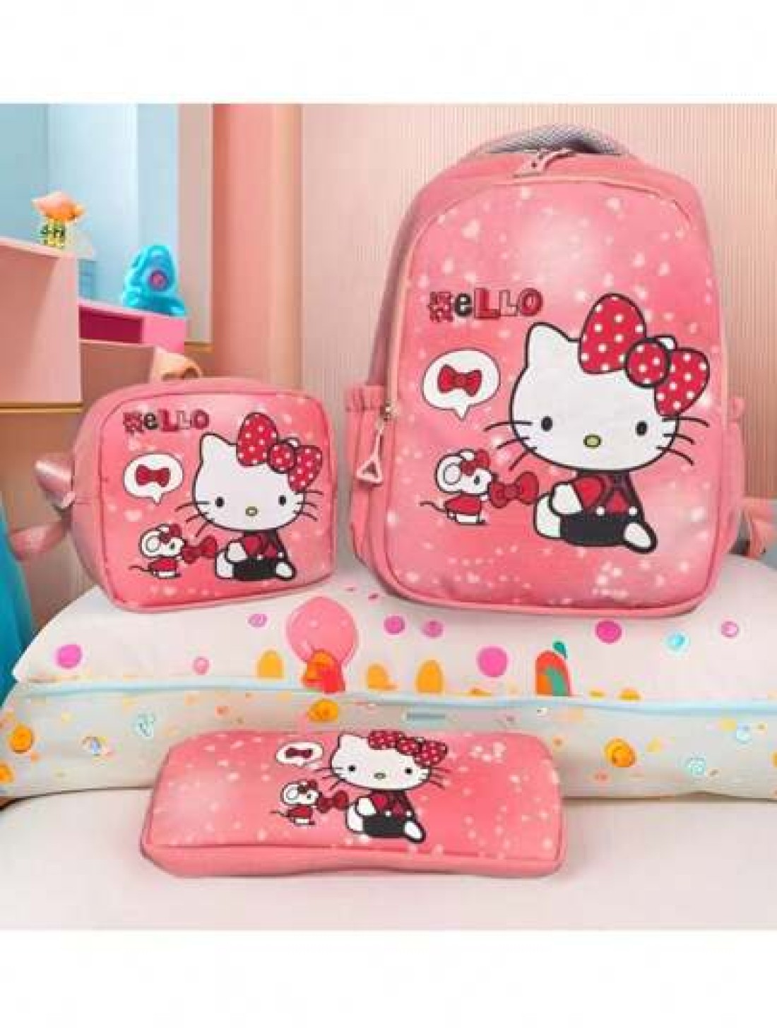 Sanrio 1pc Hello Kitty Kulomi 3 Piece Backpack Set Cartoon Print KT Cat Suitable For Middle High School Includes Backpack Shoulder Bag Pencil Case Great For Campus Back To School Outings And Gifts