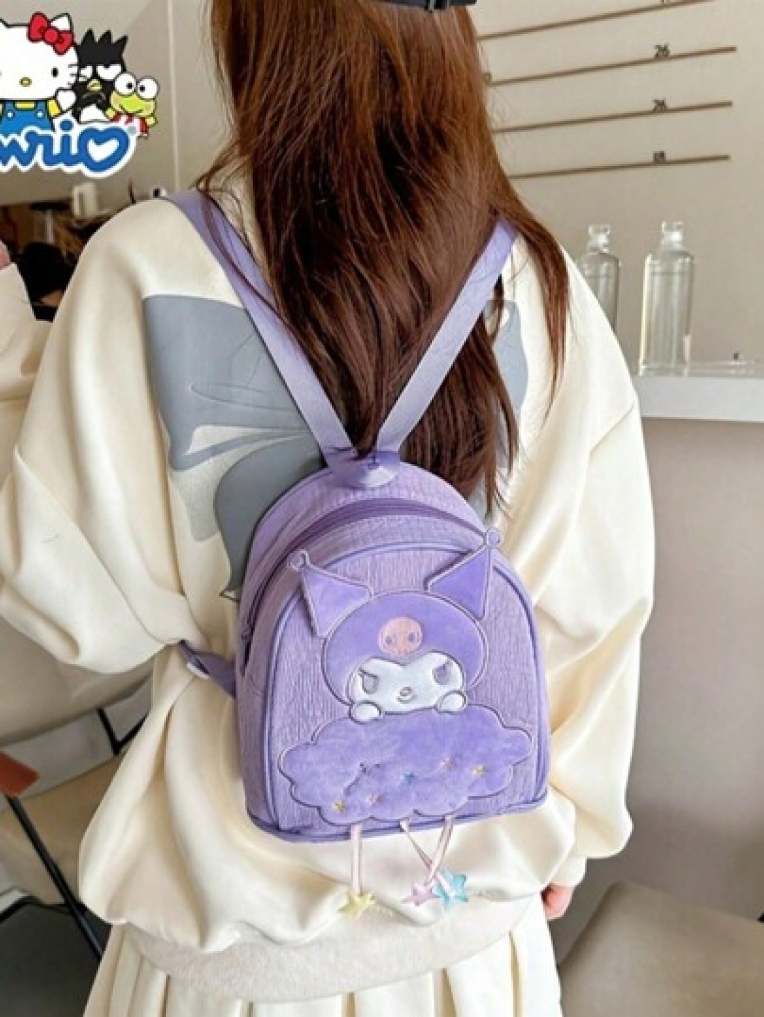 Sanrio حقيبة خفيفة متعددة الاستخدامات للتسوق والحفلات بتصميم كارتوني لطيف يظهر قطة سوداء ميلودي قابلة للعكس للا