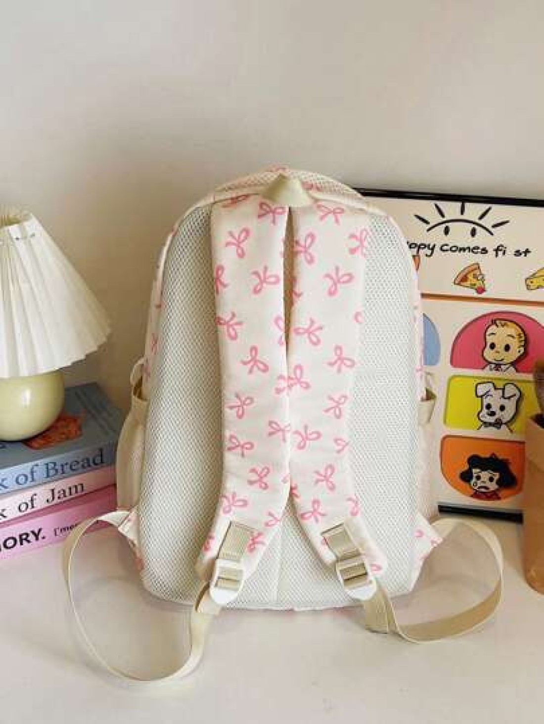 3pcs Nylon Bow Print Backpack Set Foldable Multi Pocket Large Capacity Water Resistant Zipper Backpack Suitable For High School College Students Ladies Daily Use Commuting Traveling Gifts For Valentin