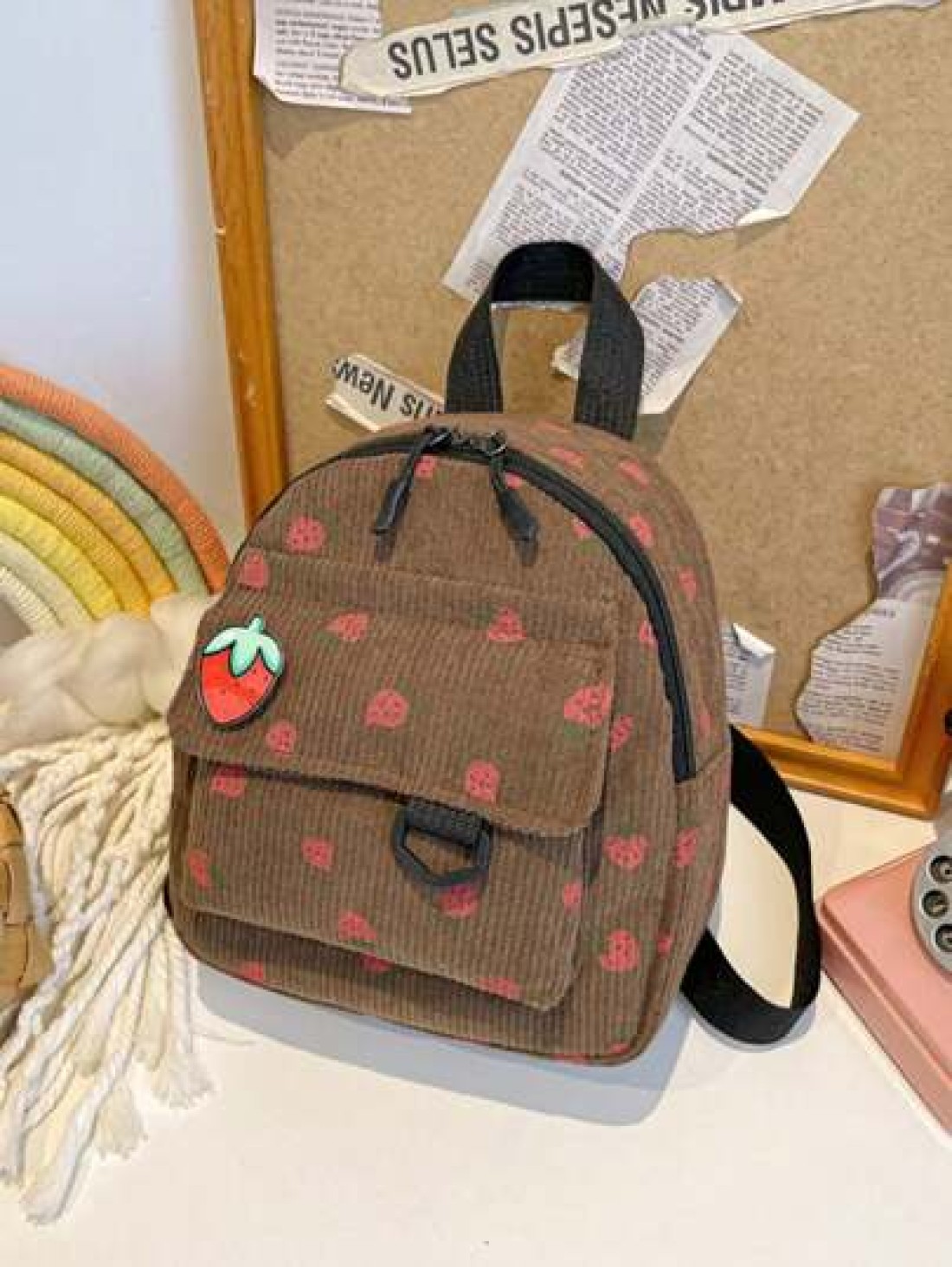 1 Piece Closed Fashionable Japanese Corduroy Stripes Small Fresh College Style Strawberry Pattern Backpack Korean Harajuku Print Small Backpack Suitable For All Occasions Comfortable And Adjustable Sh