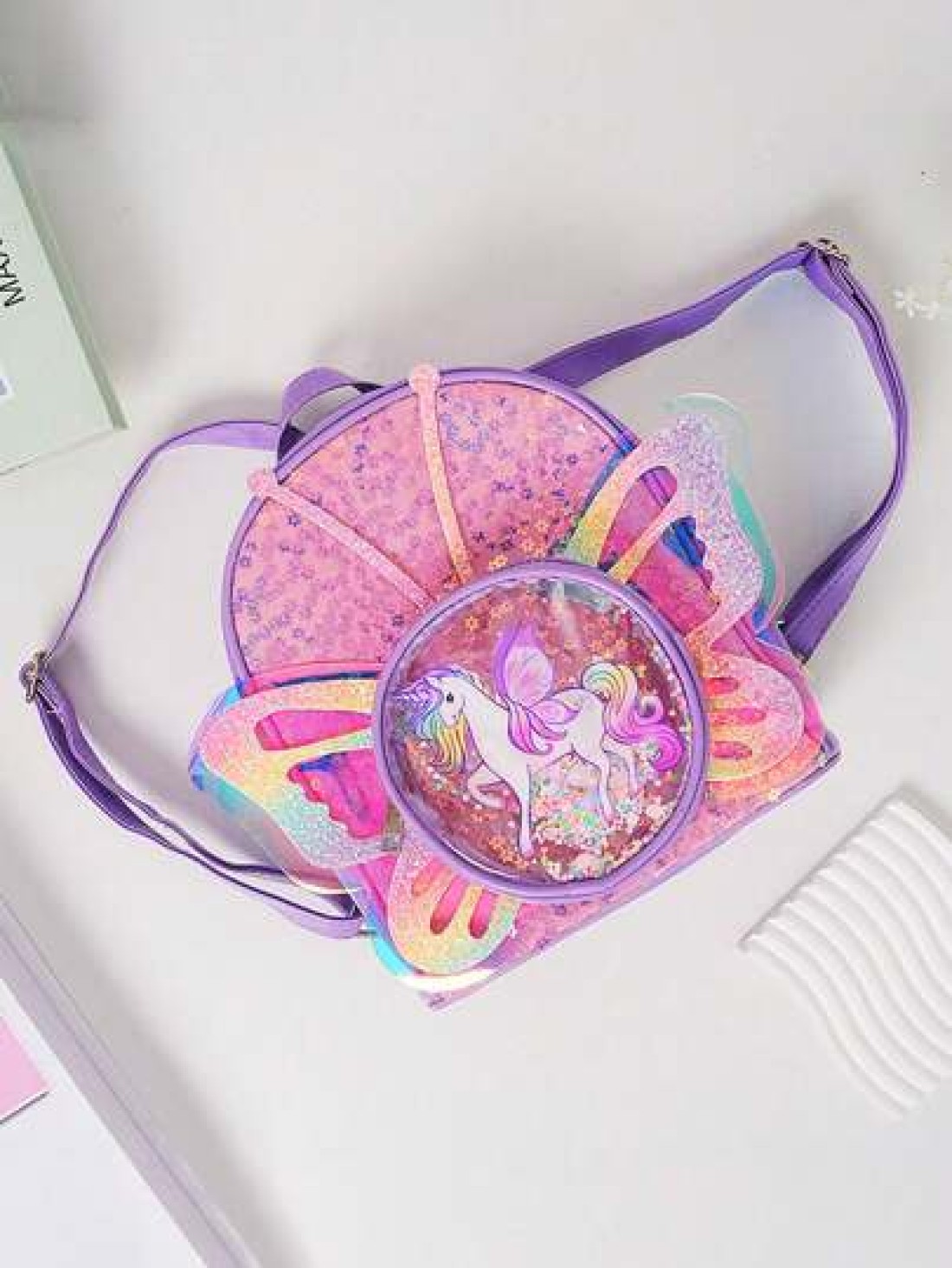 Kids Creative Fashionable Backpack Cartoon Unicorn Sequined Laser Transparent Butterfly Wing Design Double Shoulder Bag
