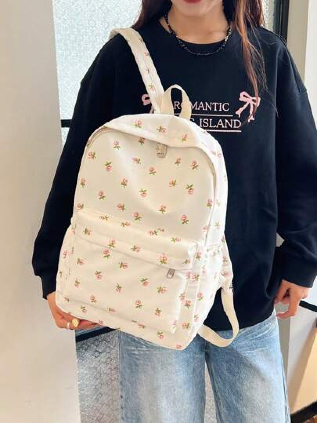 1pc White Nylon Floral Print Dual Zipper Large Capacity Fashionable Versatile Backpack Student Bag
