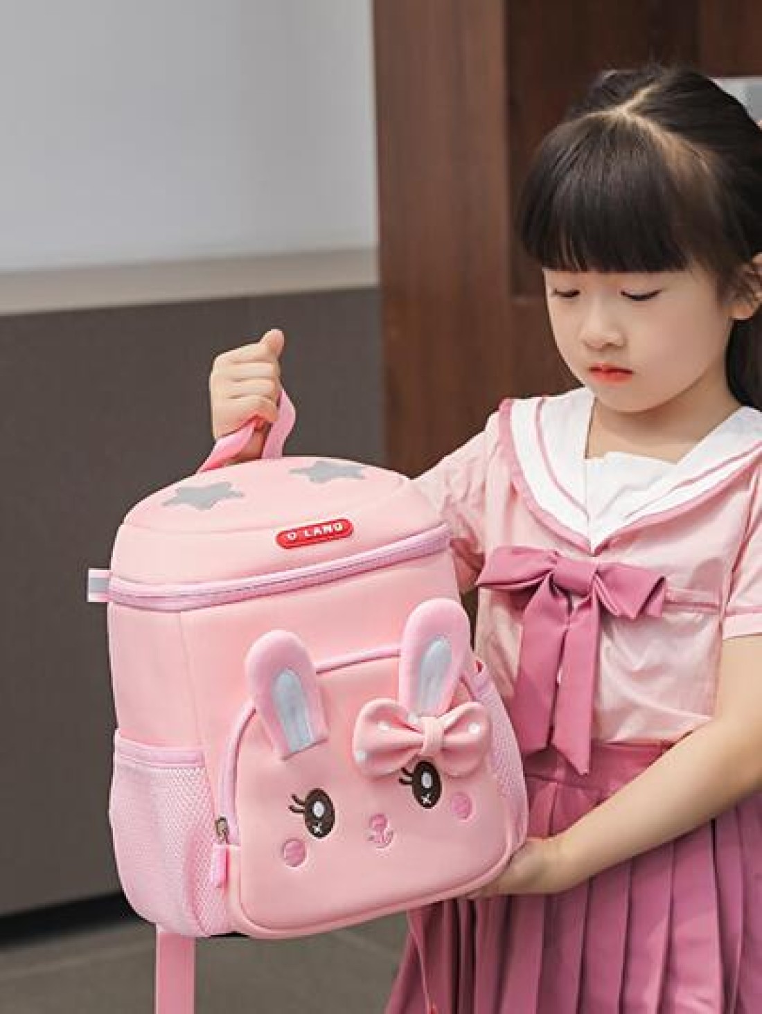 Cute Cartoon Bunny Kids Backpack For Girls Pink Shoulder Bag For Preschool Children