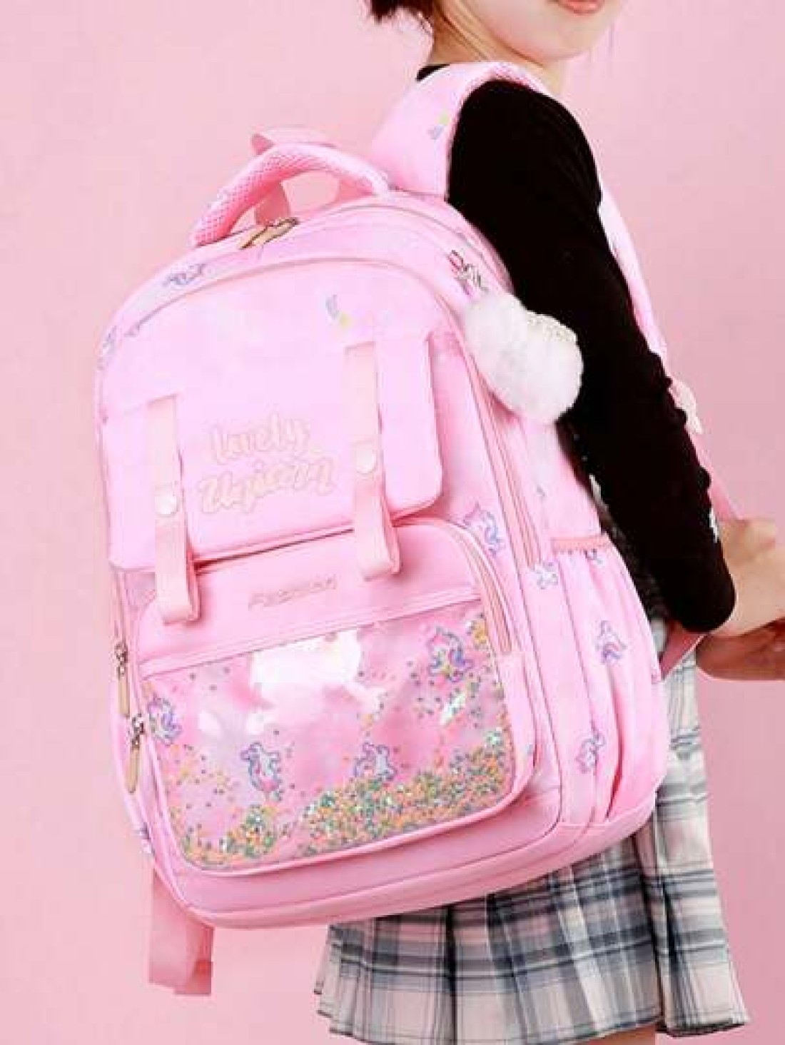 Large Capacity Shockproof Multi Layer Children s Backpack Waterproof Schoolbag With Pendant Decoration Printed Unicorn Pattern Shoulder Bag