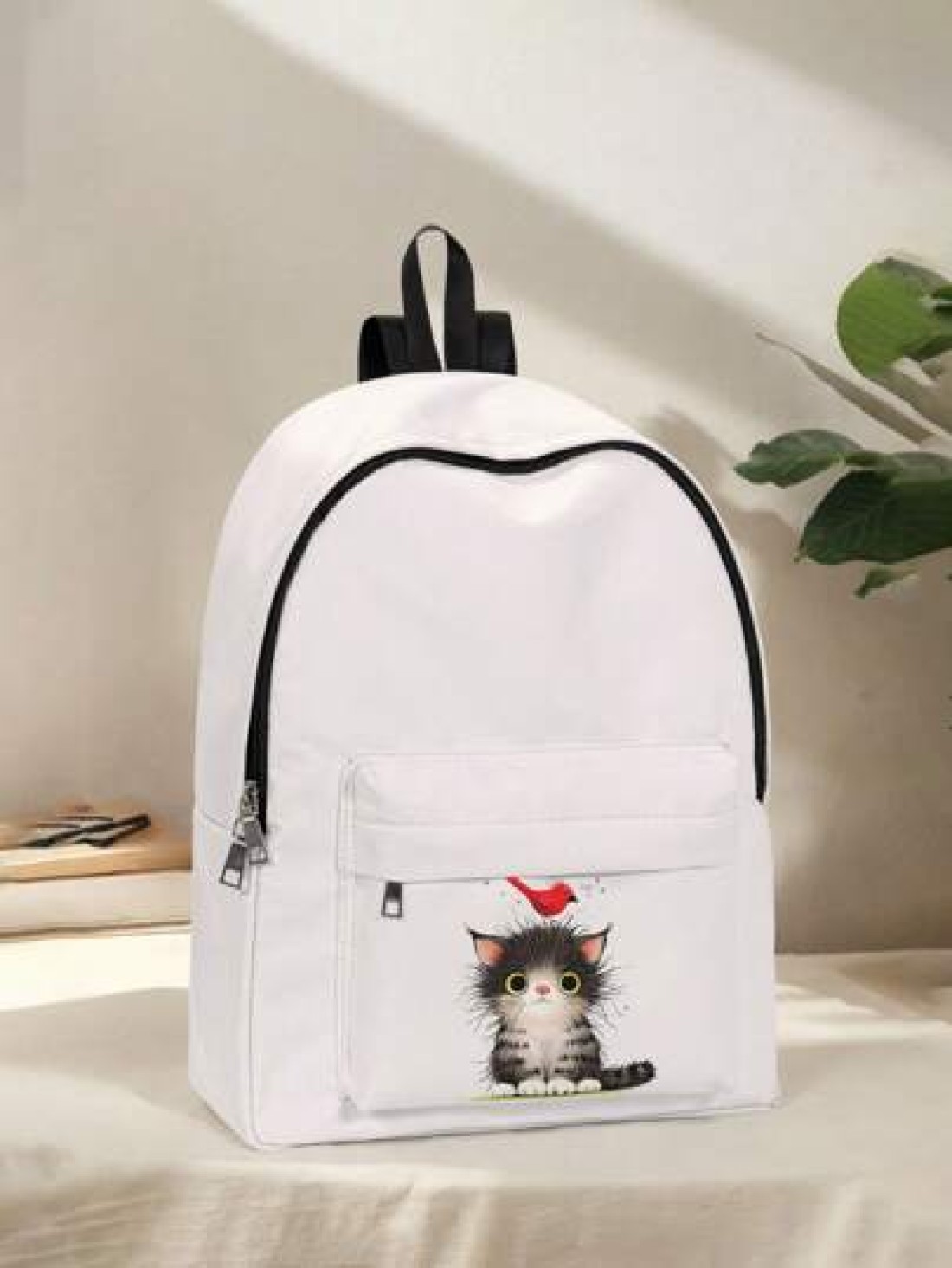 1pc Cute Cat Printed Pocket Backpack Zipper Closure Pocketed Casual Backpack Stylish For Boys And Girls Suitable For School And Outdoor Activities