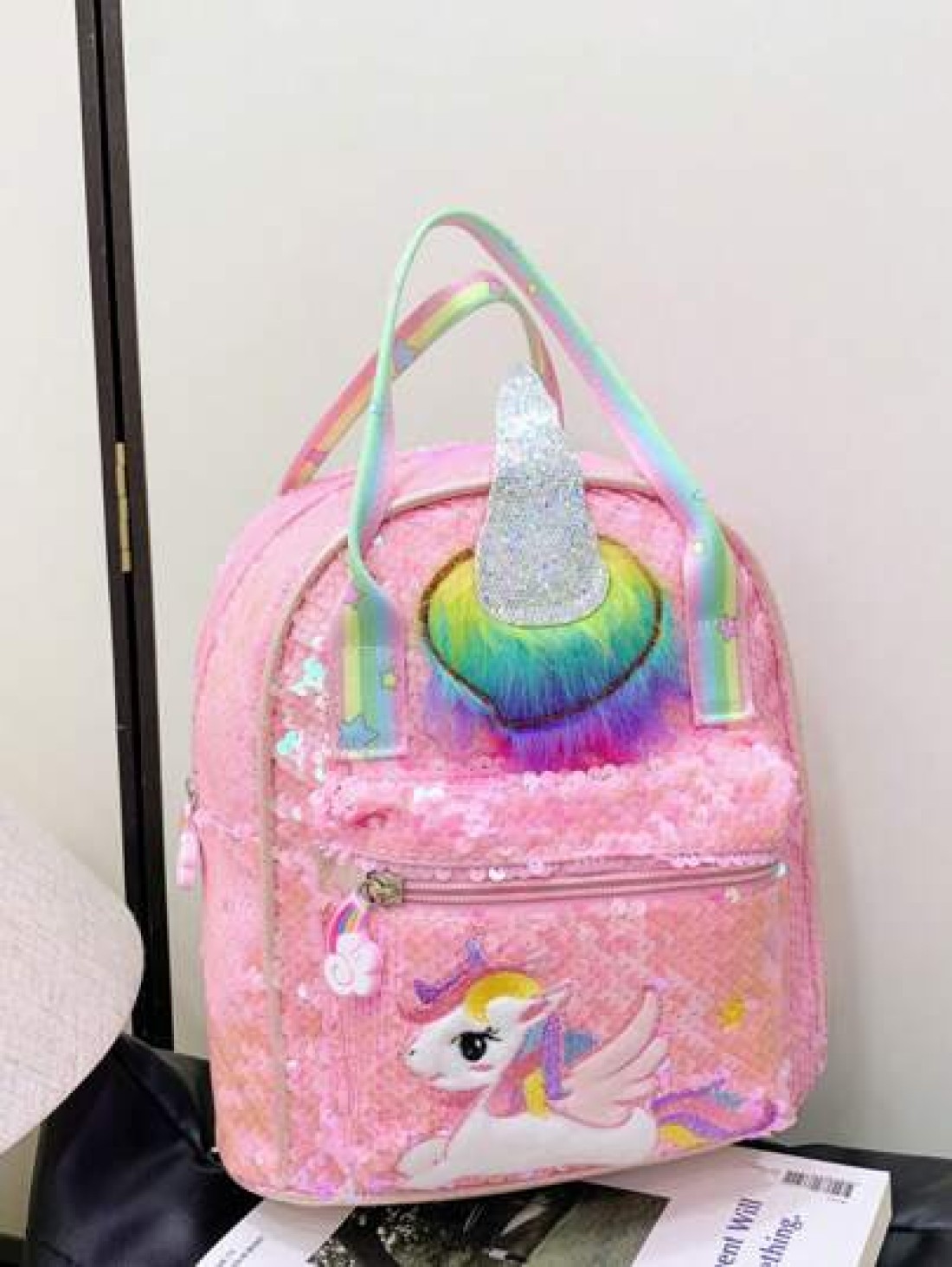 1 Pc New Sequined Material Cute Cartoon Pony Solid Color Girl Backpack Can Be Carried On One Shoulder Smooth Zipper Opening And Closing Sweet And Exquisite Elegant And Stylish Suitable For School Trav