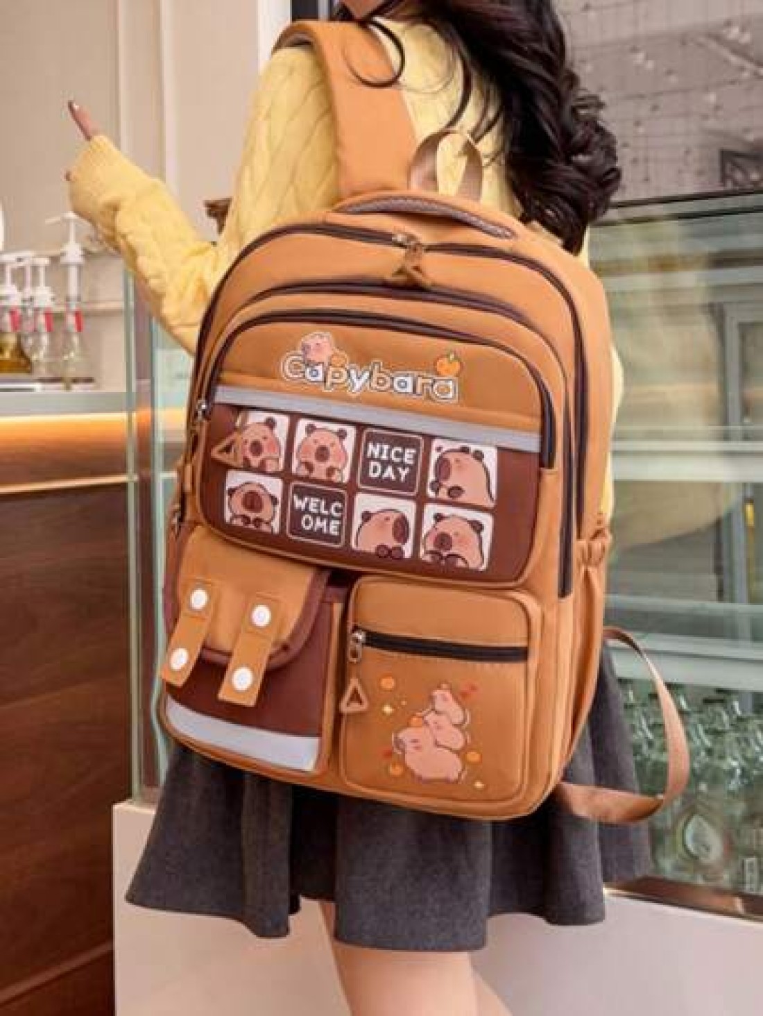 1 Cute Giant Kapibara Pattern Contrast Color Backpack Suitable For Teenagers Large Capacity Lively Student Bag With Multiple Pockets Fashion School Bag Handbag Personalized Lightweight School Backpack