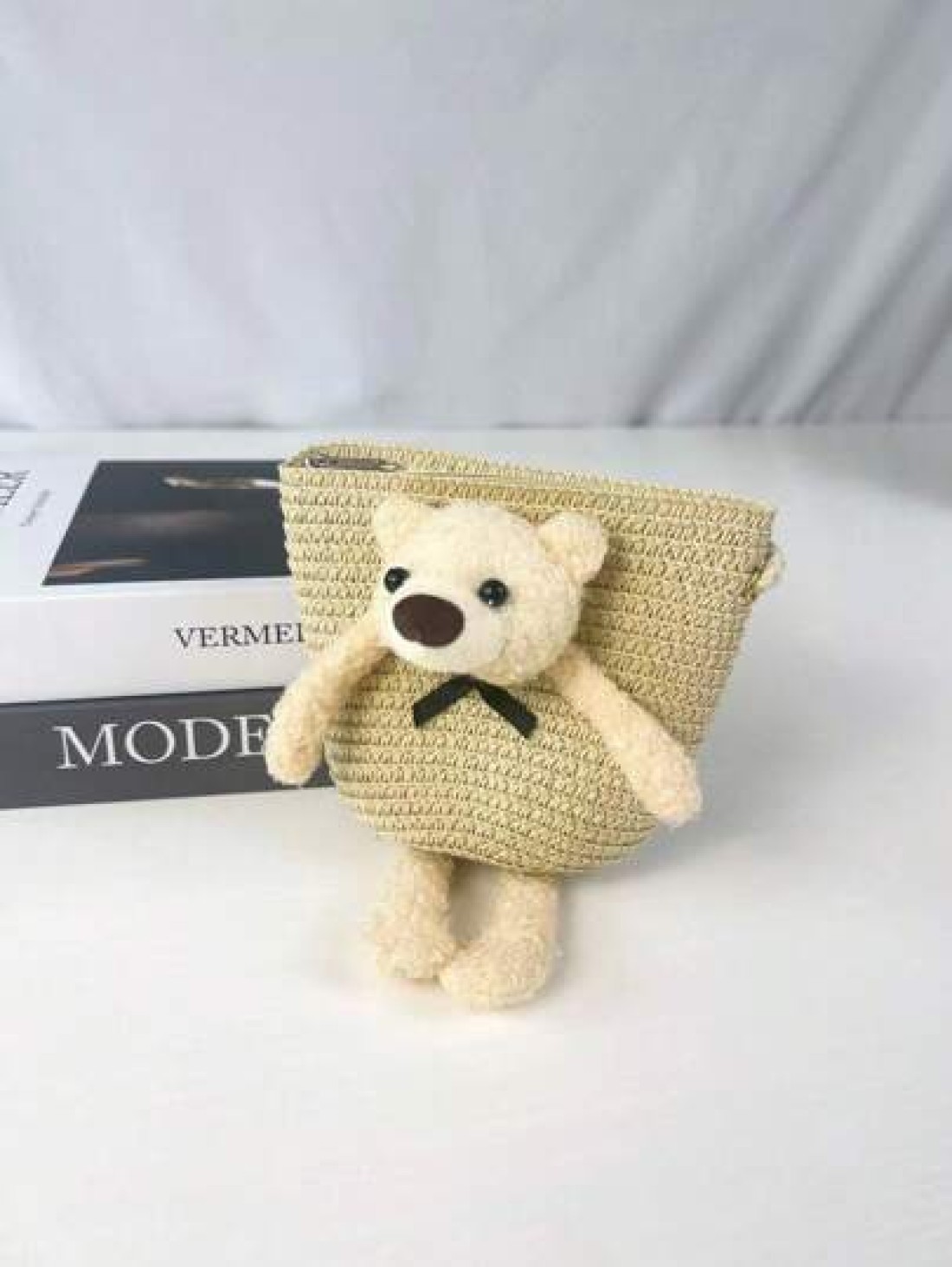 1pc Kids Cute Cartoon Bear Straw Beach Bag Princess Shoulder Crossbody Suitable For Daily Outing