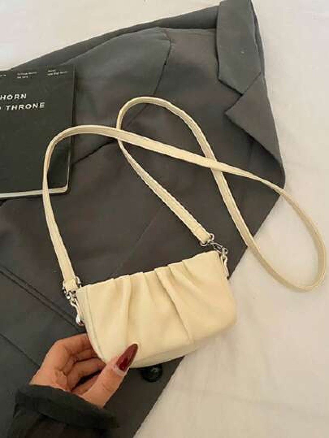 1pc New Fashion Elegant Solid Color Pearl Handbag With Pleats Shoulder Crossbody Bag