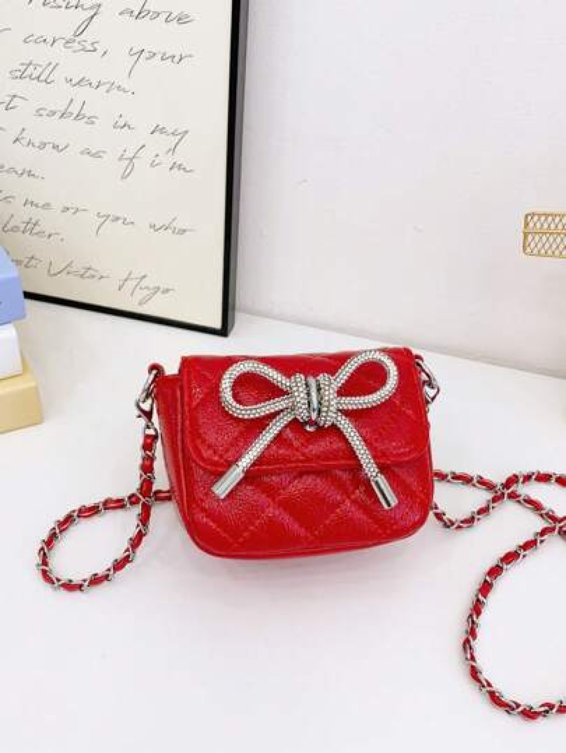 1pc Pu Magnetic Opening And Closing Fashion Sweet Bow Solid Color Diamond Grid Crossbody Mini Square Bag Korean French Exquisite Aesthetic Niche Design Chain Shoulder Crossbody Bag Versatile Casual Hi