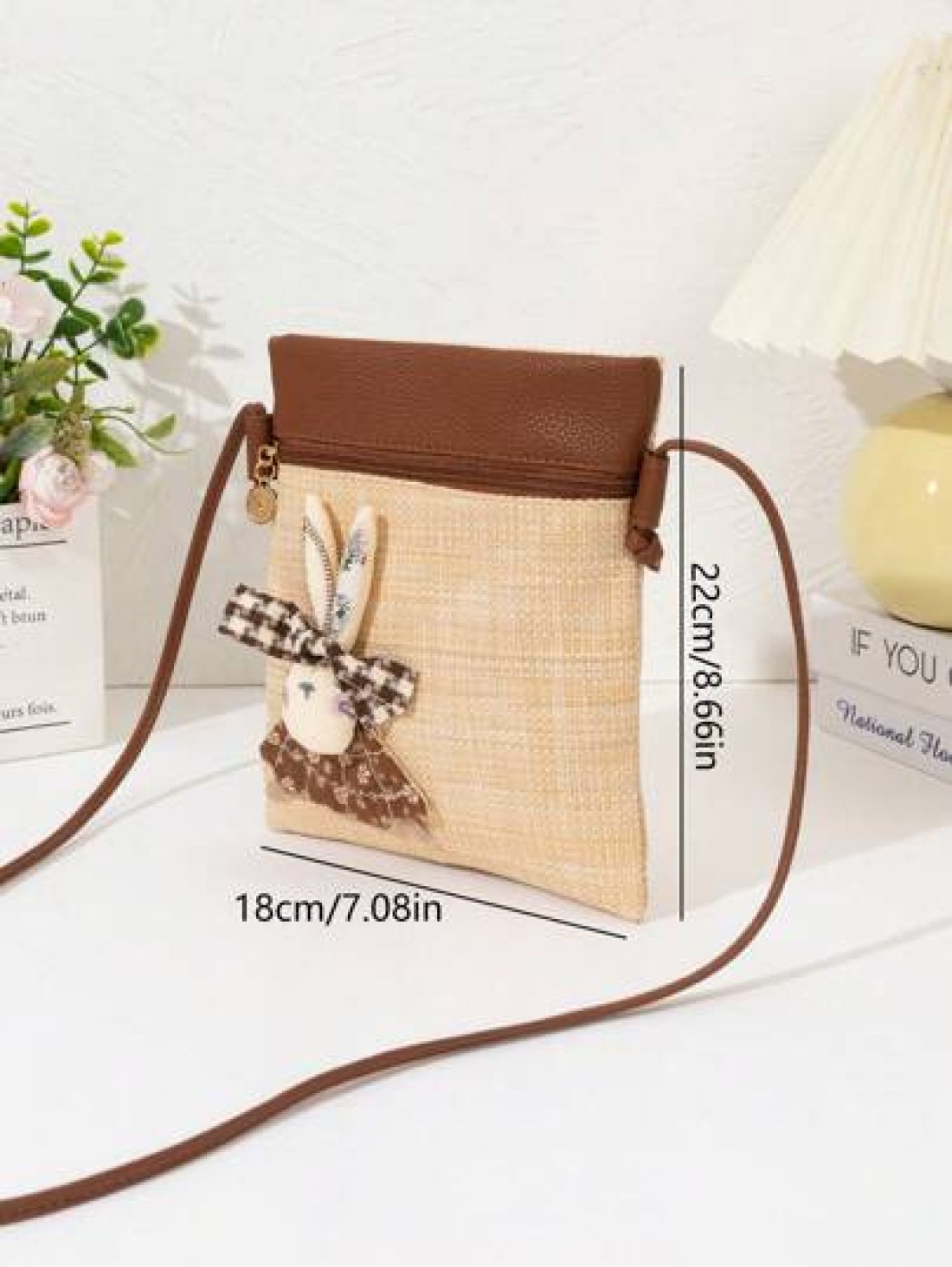 Girl New Straw Woven Bag With PU Strap Lightweight Fashion Adorned With Cute Rabbit Charm Suitable For Beach Travel Street Wear Crossbody Handbag