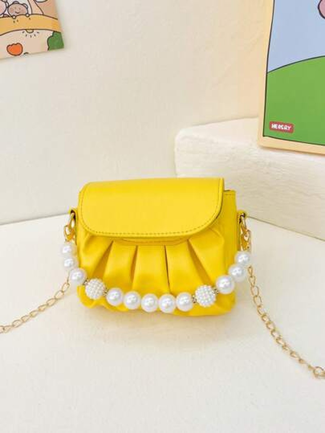 1pc Fashionable Sweet Pearl Chain Shoulder Messenger Bag Fashionable Pleated Underarm Bag Korean Version Of Hand Held Cute Girl Bag Pu Pleated Design Pearl Handbag High Grade Solid Matching Suitable F