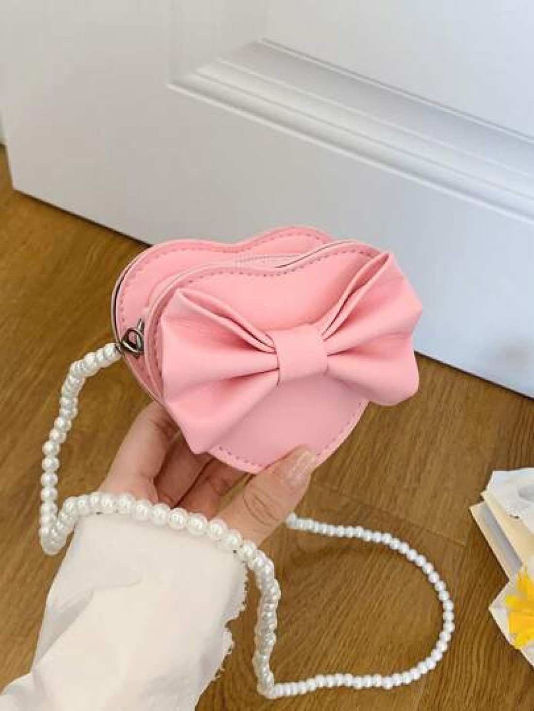 PU Leather Bow Decor Child s Single Shoulder Bag With Pearl Strap Princess Heart Shaped Small Crossbody Purse