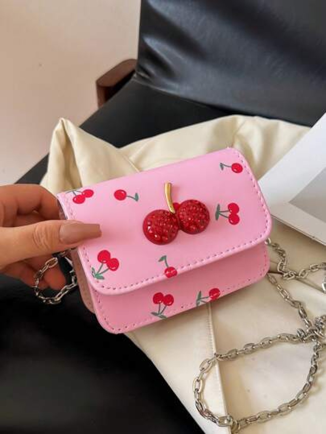 Fresh Cherry Print Mini Small Bag Foreign New Summer Cute Sweet Mini Lipstick Bag Chain Crossbody Headphone Bag Shoulder Bag Korean Fashion Crossbody Bag