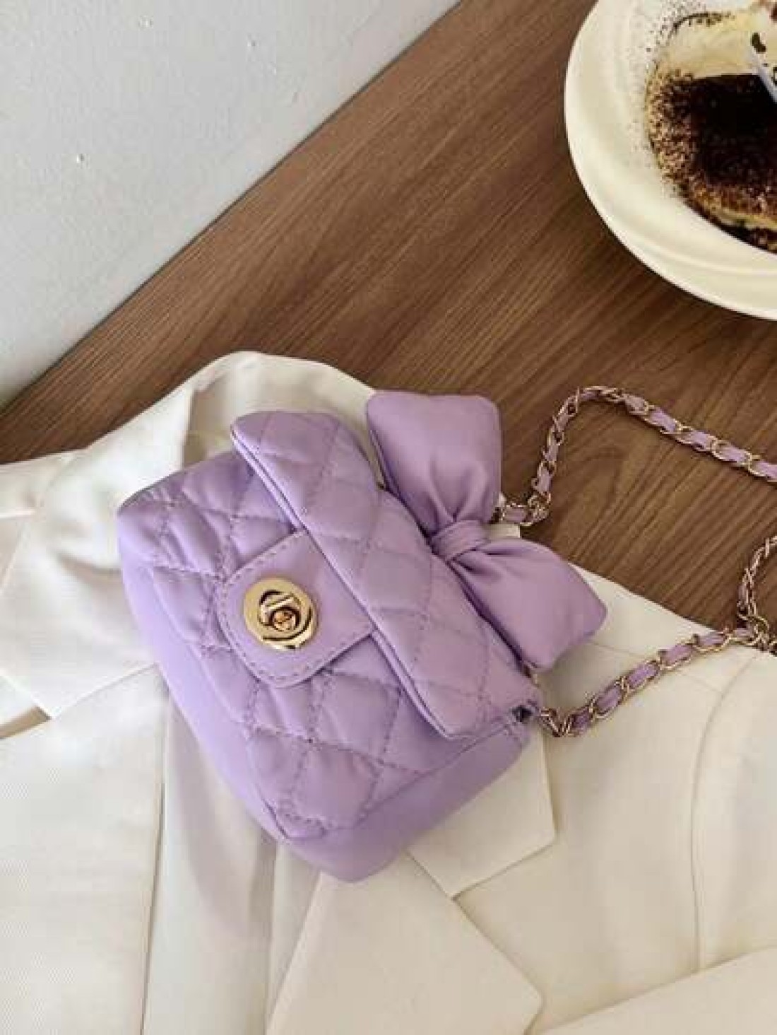 1pc Kids Bow Decor Coin Purse Embroidered Rhombus Mini Bag With Chain Fashionable Girls Crossbody Bag