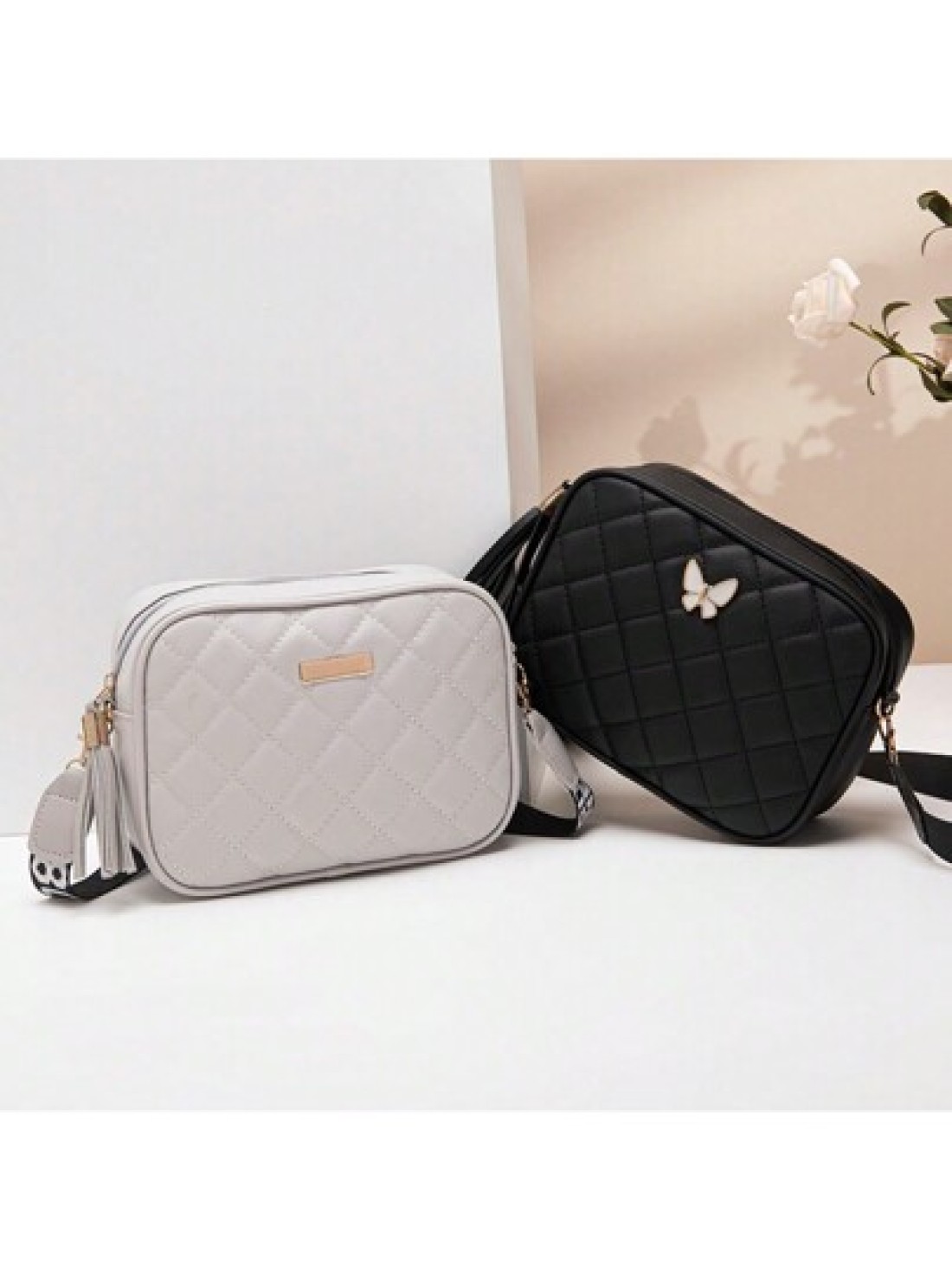 Quilted Square Crossbody Bag Classic Metal Decor Zipper Purse Faux Leather Shoulder Bag