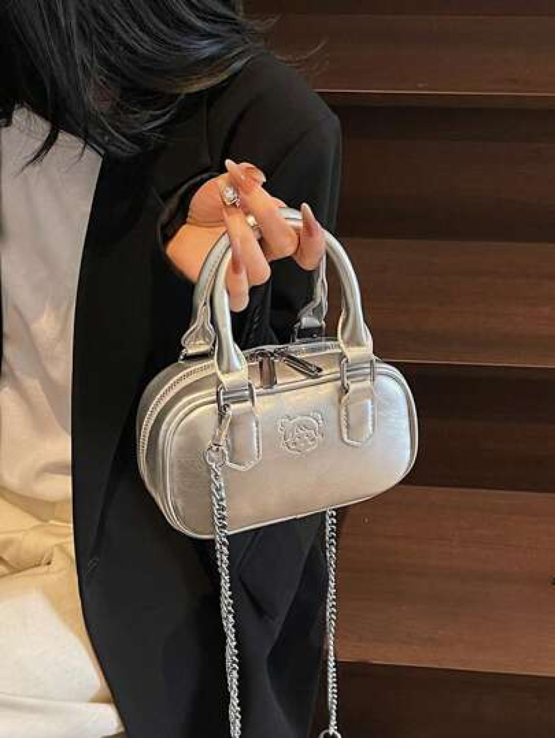 1pc Girls Plain Cute Girl Print PU Handbag Zipper Closure Simple Versatile Girl Crossbody Bag Suitable For Daily Or Festival Use
