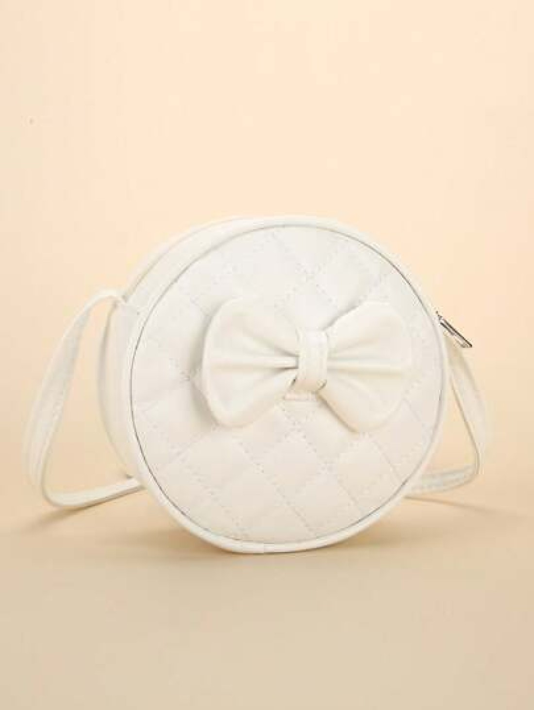 1pc Girl s White PU Shoulder Bag Fashionable Cute Bow Design Small Round Bag With Rhombus Embroidery Fits For Phone And Coins Zippered Closure Suitable For All Seasons