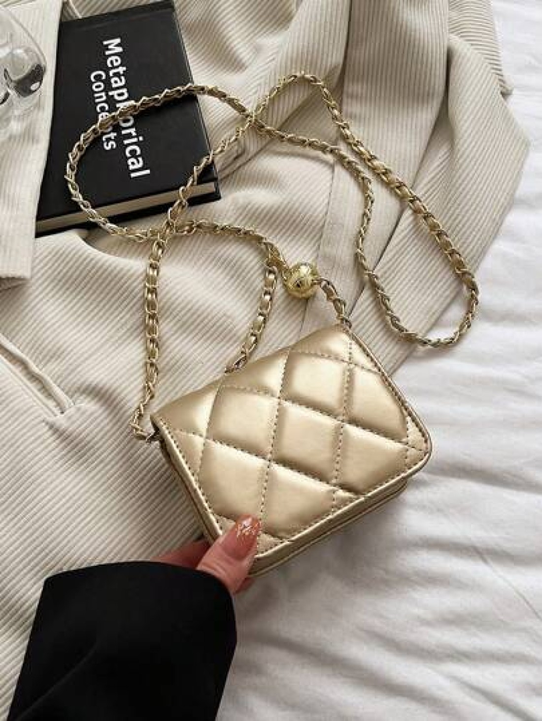 Spring And Summer Simple And Versatile High End Texture Rhinestone Embroidered Gold Ball Chain Strap Can Be Worn Over Shoulder Armpit Mini Bag