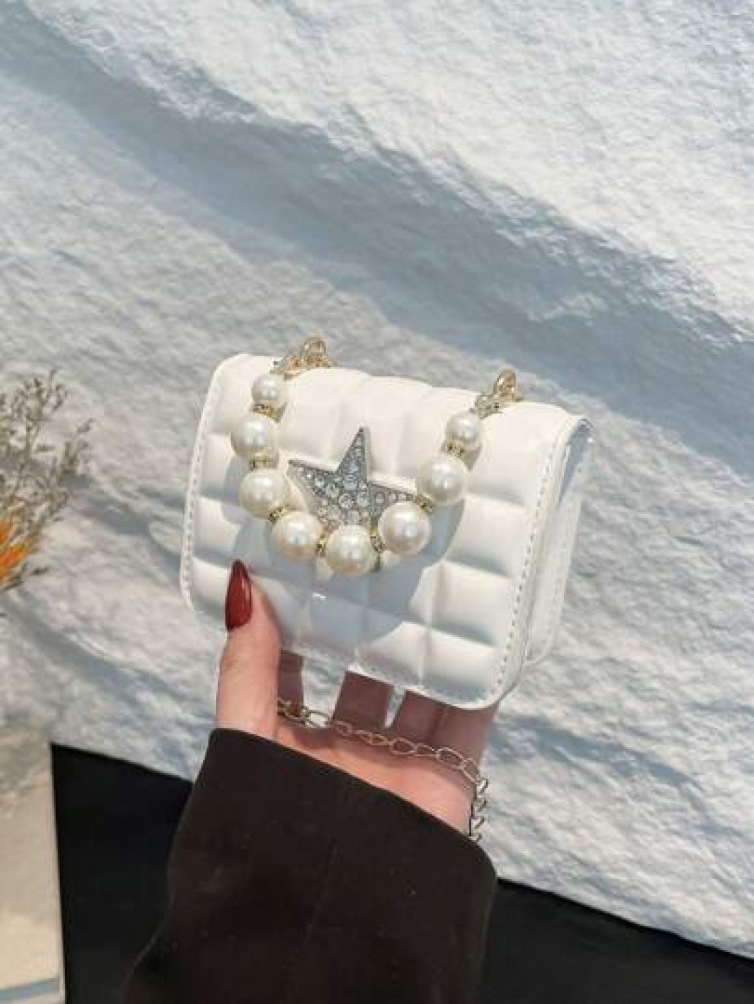 1pc Pu Fashion Simple Sweet Diamond Lattice Pearl Five Pointed Star Hand Held Evening Party Square Bag Niche Design Chain Shoulder Strap Comfortable And Versatile One Shoulder Crossbody Smooth And Not