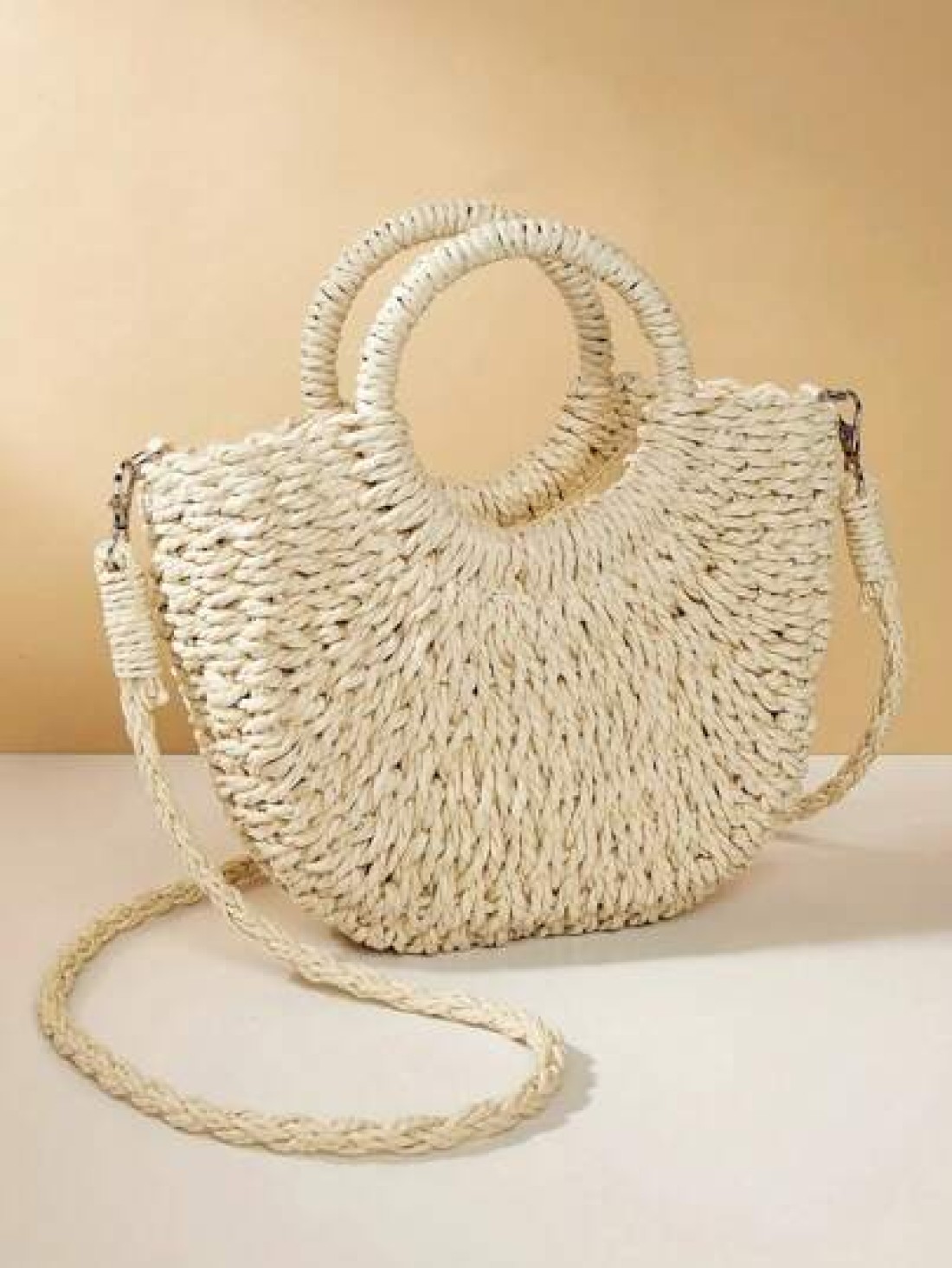 1pc Straw Bag With Faux Flower Half Moon Shaped Women Handbag Woven Crossbody Small Bag Beach Bag