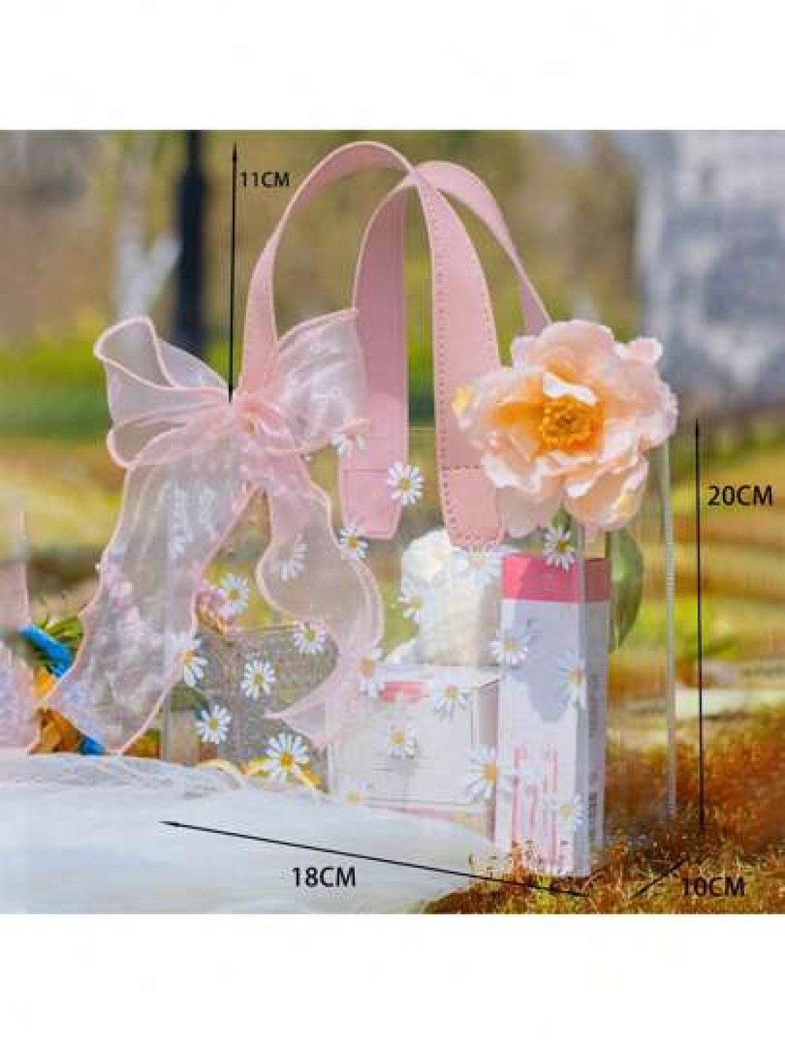 1pc Summer Daisy PVC Transparent Tote Bag Fresh Flower Printed Jelly Bag With Delicate Bowknot Gift Bag