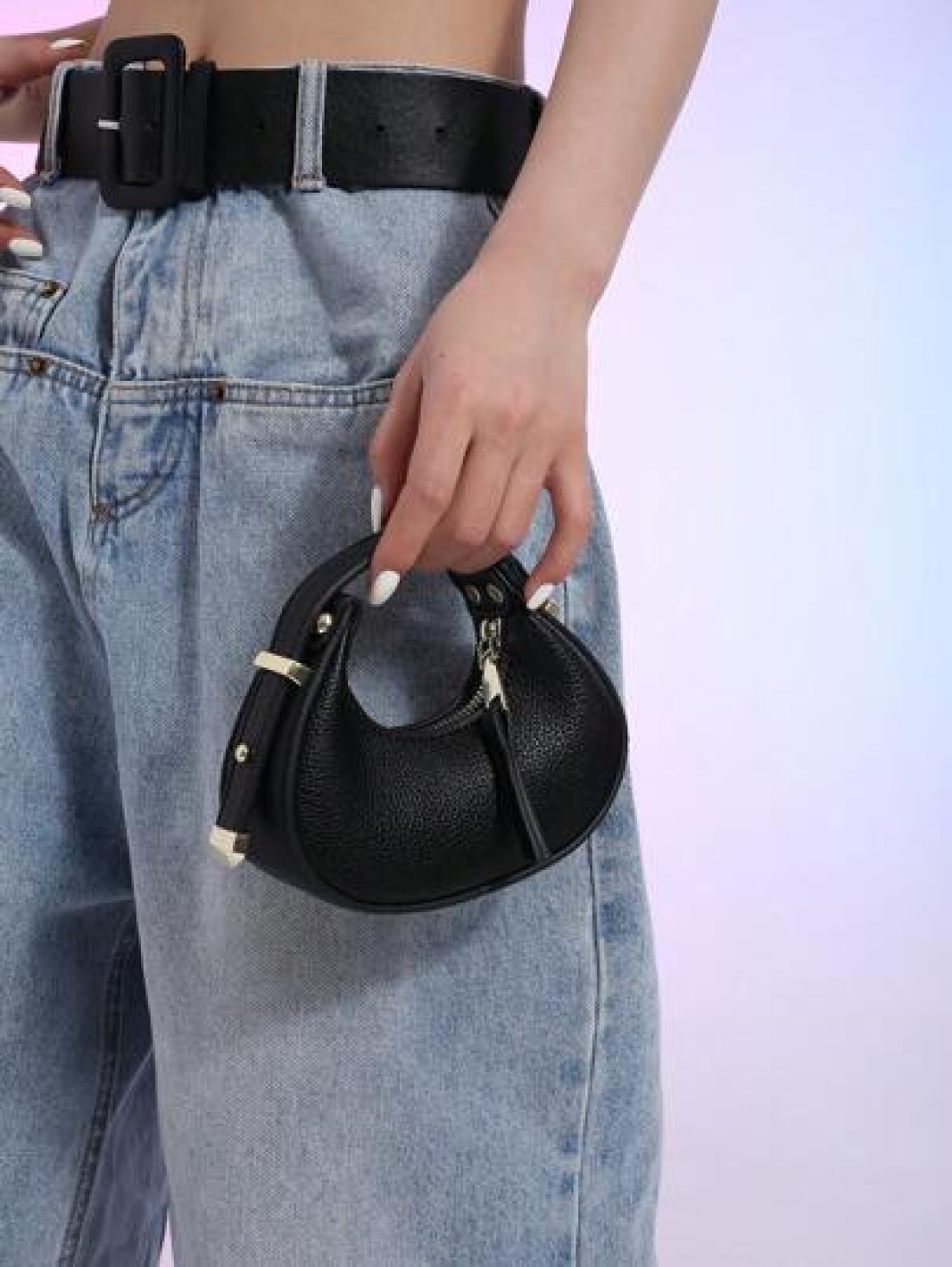 1pc Glossy Patent Leather Solid Color Mini Handbag Adjustable Crescent Shaped Handle For Kids