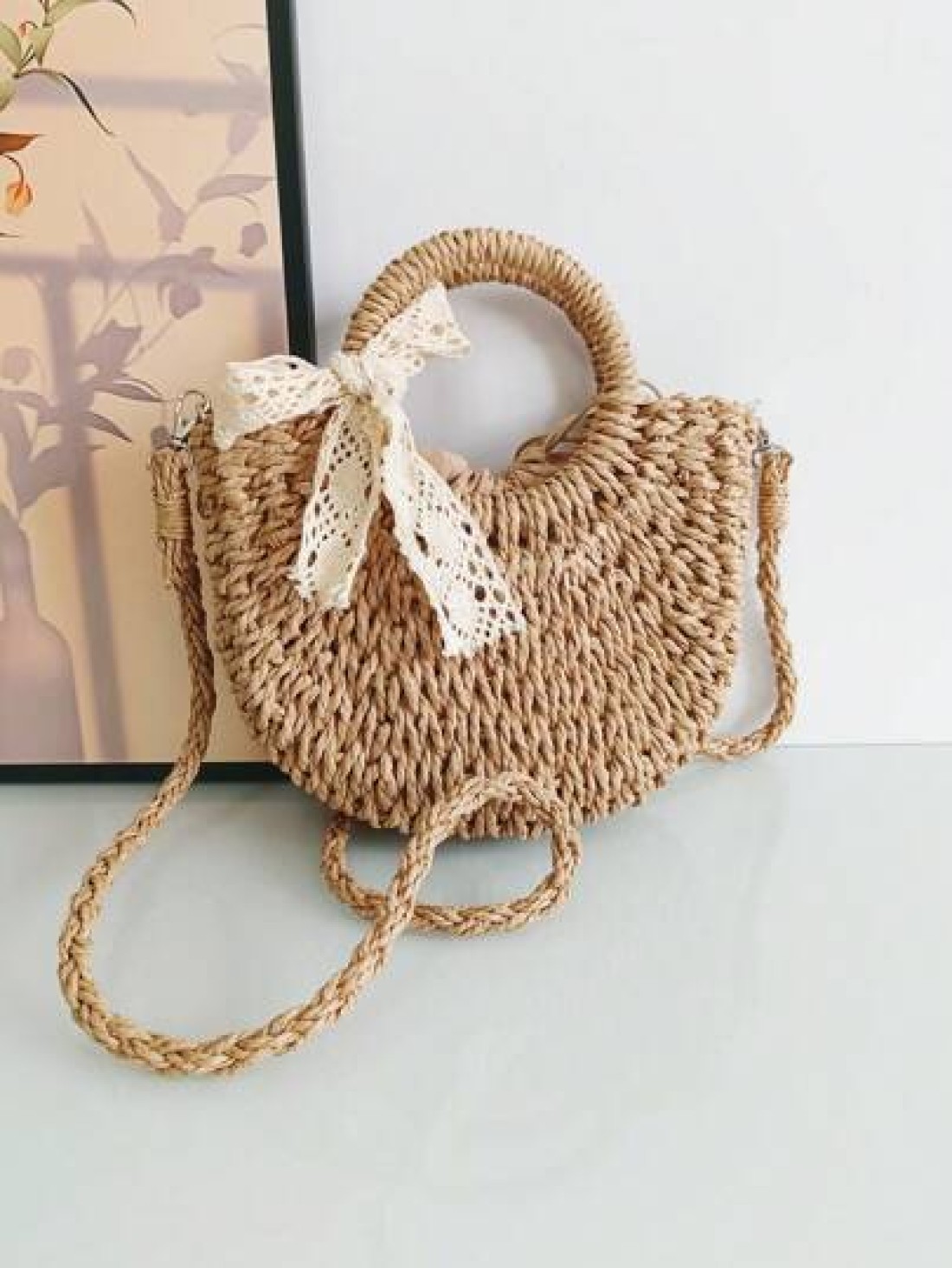 1pc Girls Beach Style Handbag Casual One Shoulder Crossbody Drawstring Top Tote Handmade Woven Butterfly Decor Straw Bag