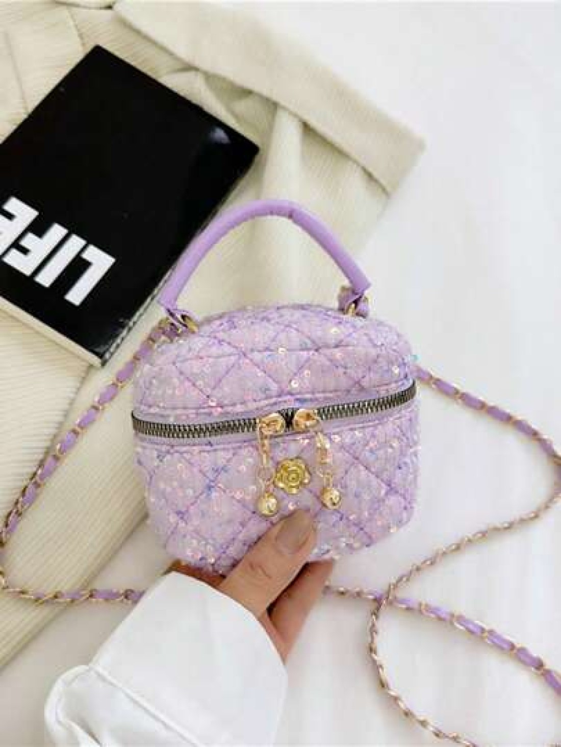 1pc Bucket Bag Diamond Bag High End Parent Child Handbag Fashionable Personalized Multifunctional Bag Cartoon Cute Flower Sequin Chain Handbag Niche Design Shoulder Crossbody Suitable For Shopping Tra