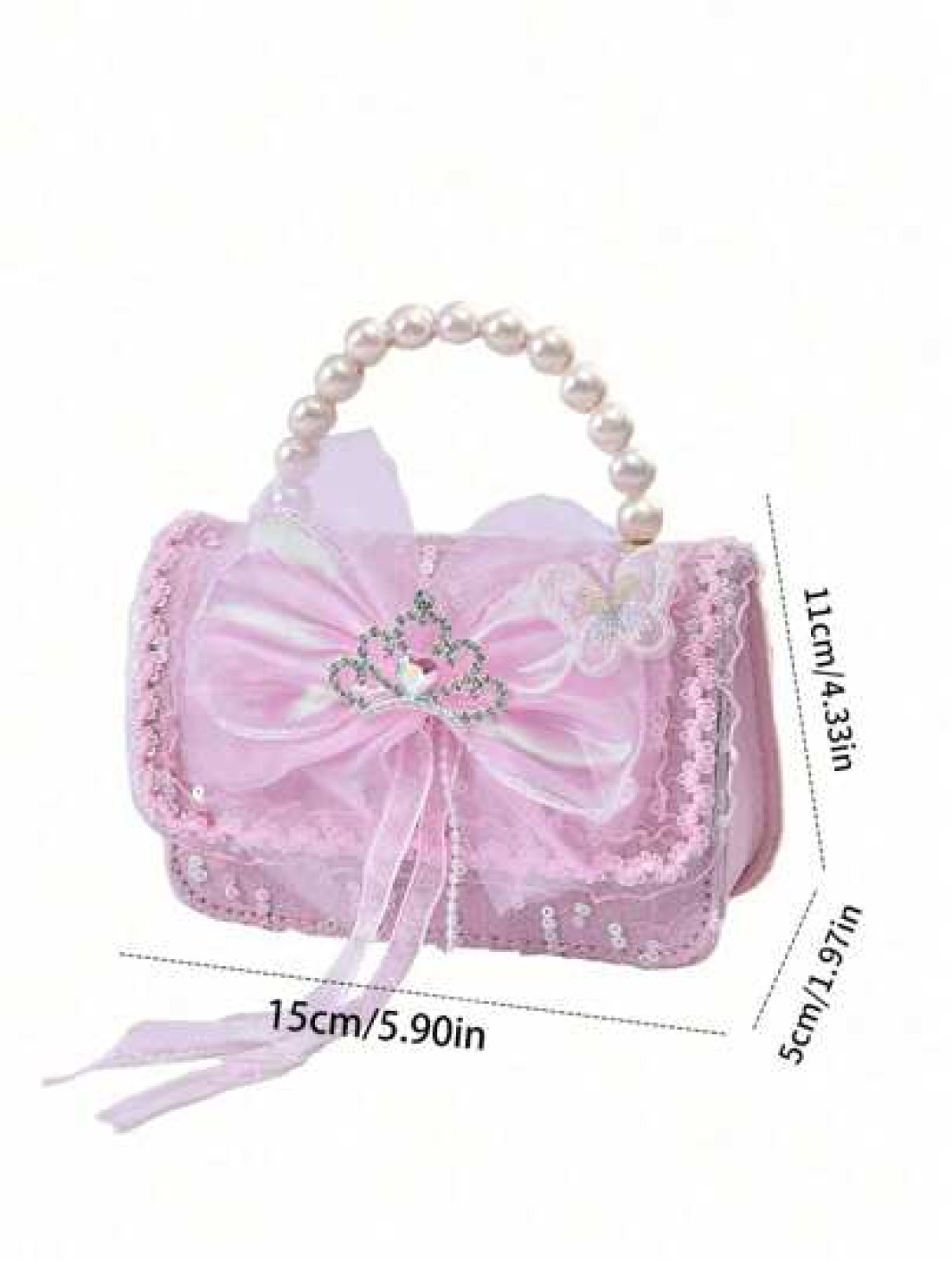 1pc Kids Bow Knot Crown Decor Handbag Pearl Accent Tassel Pouch For School Work Travel