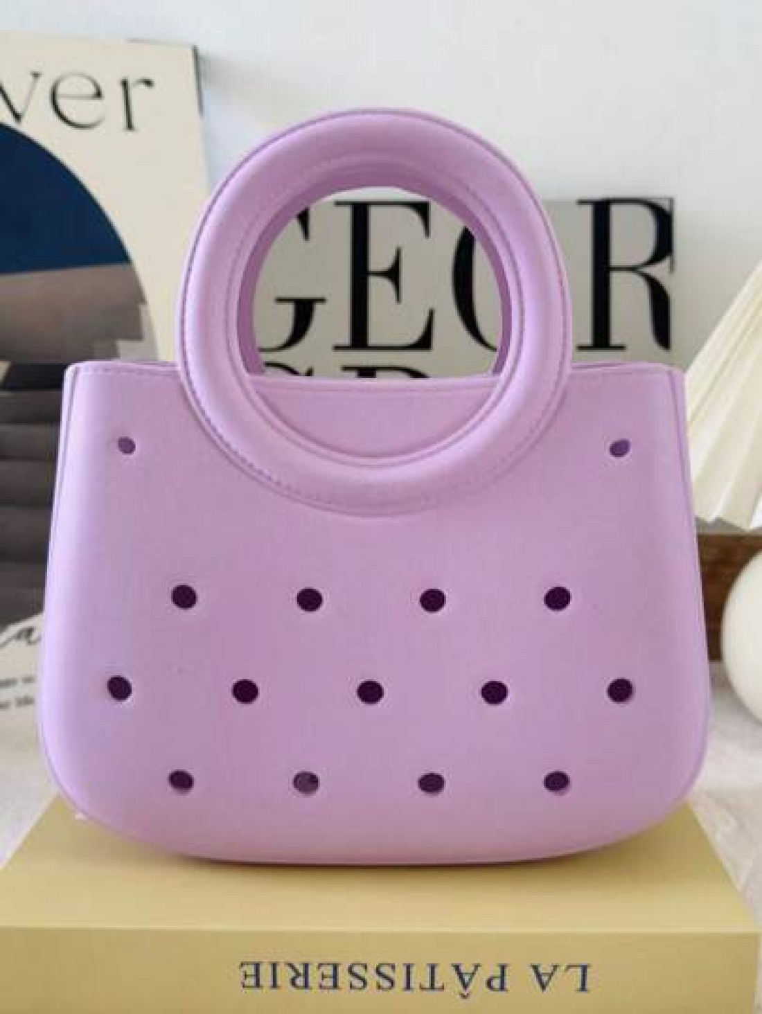 1pc EVA Solid Color DIY Hollow Out Tote Bag Waterproof Storage Basket Beach Bag Fashion Handbag