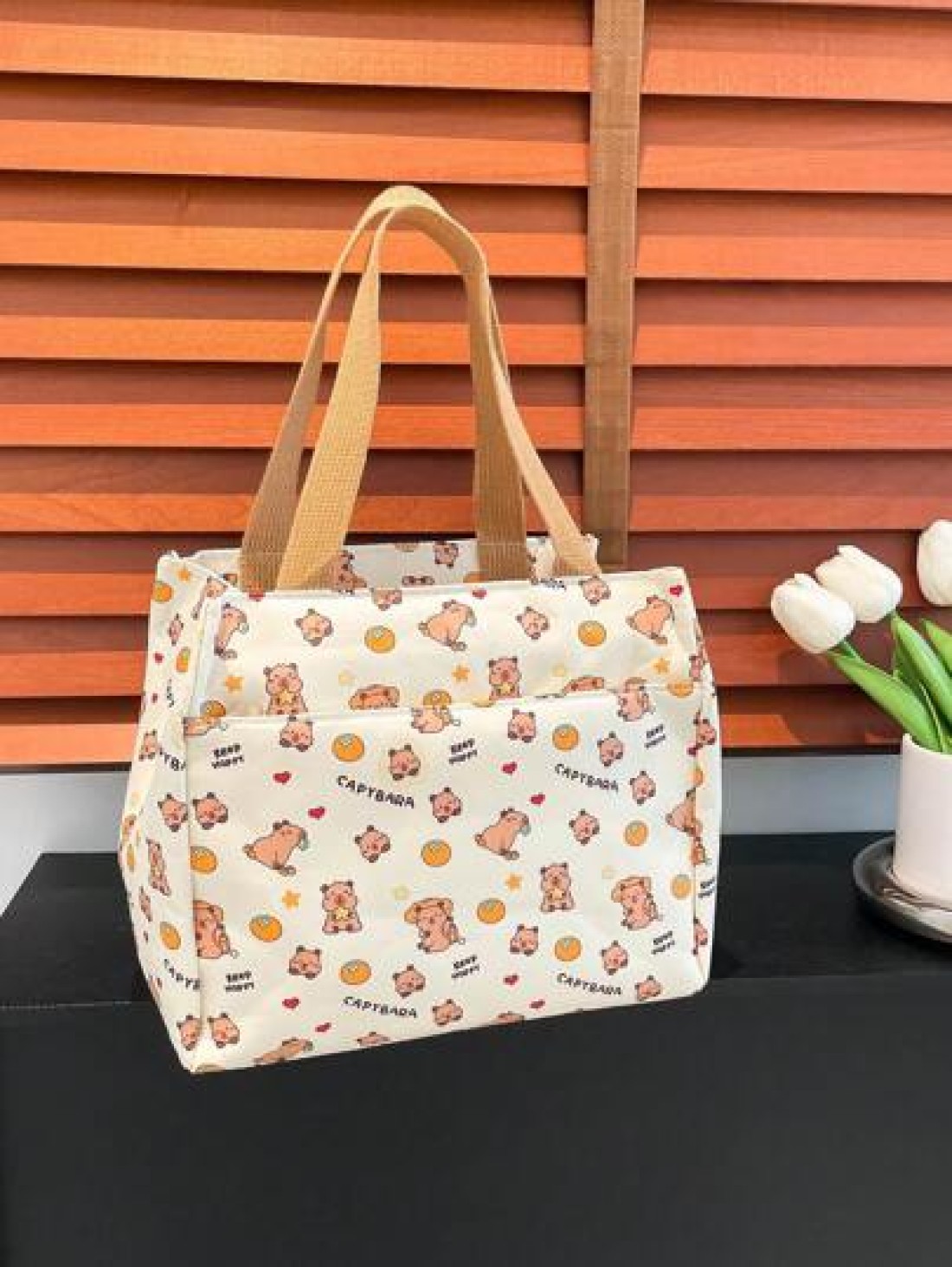 1pc Cute Capybara Printed Nylon Bag Ins Large Capacity Handbag Niche Versatile Shopping Bag Lunch Bag Lunch Box Bag Hand Held Lunch Bag Handbag Smooth Zipper Suitable For Going Out Shopping Daily Use