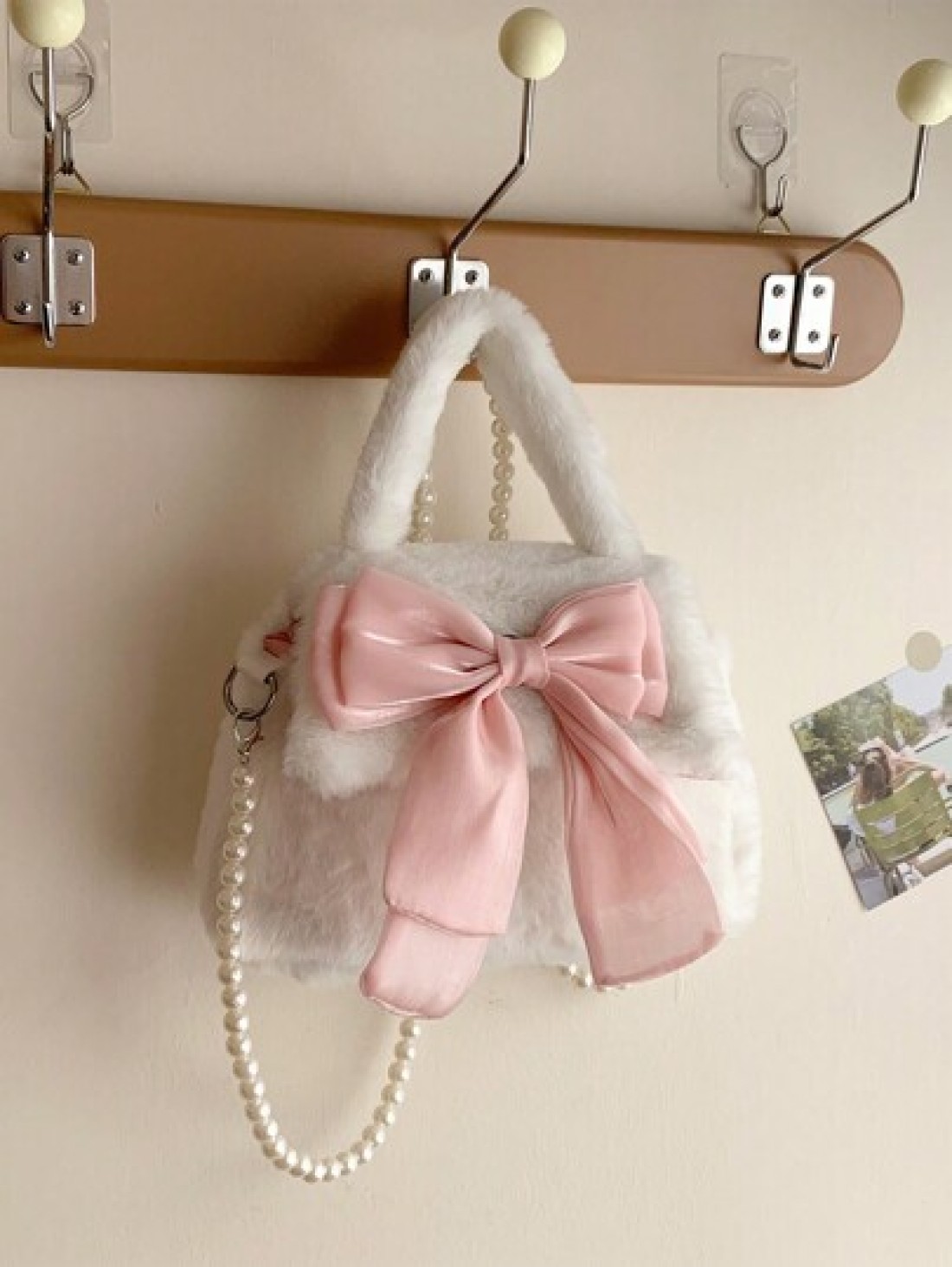 1 Pc Cute Mini Kids Pink Big Bow Soft Plush Handbag Fall Winter Pearl Shoulder Strap Crossbody Bag Lightweight Square Bags For Girls Students For Festivals Vacation Holiday Fashion Accessory