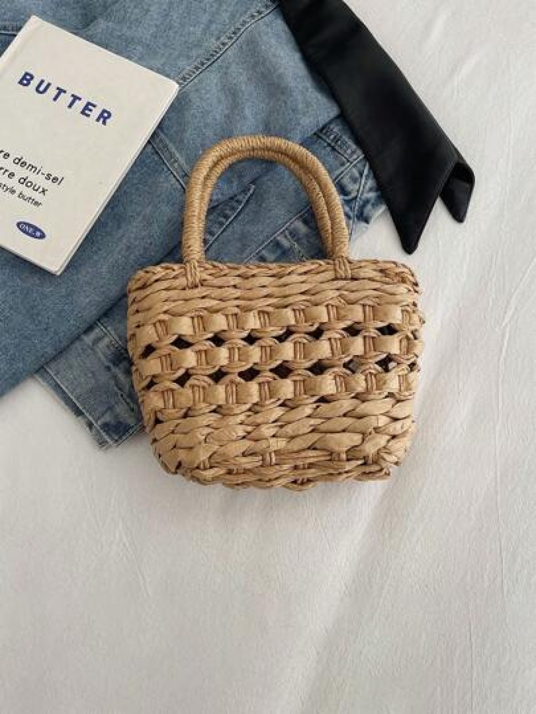 Girls Bow Straw Handbag Mini Woven Basket Bag Vacation Style