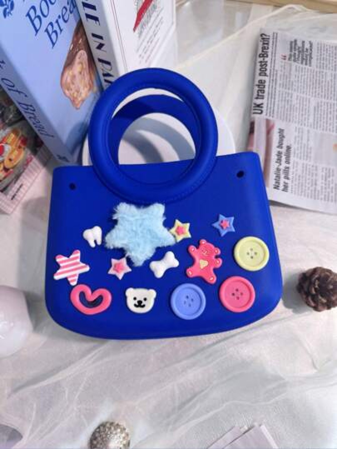1pc EVA Solid Color Waterproof DIY Tote Bag Beach Basket Fashionable Hollow Out Travel Handbag
