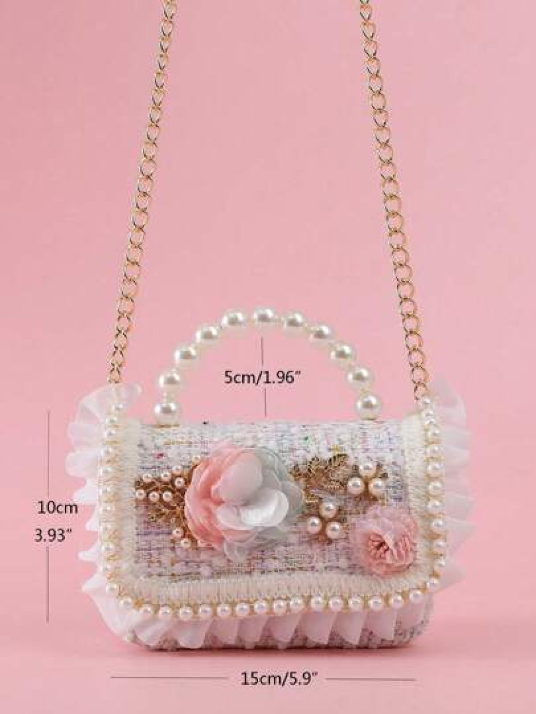 1pc Girls Ruffle Flower Leaf Metal Decor Pearl Sticker PU Wool Felt Multi Function Chain Closure Casual Beaded Handbag Children Princess One Shoulder Crossbody Bag Suitable For Holidays And Daily Use