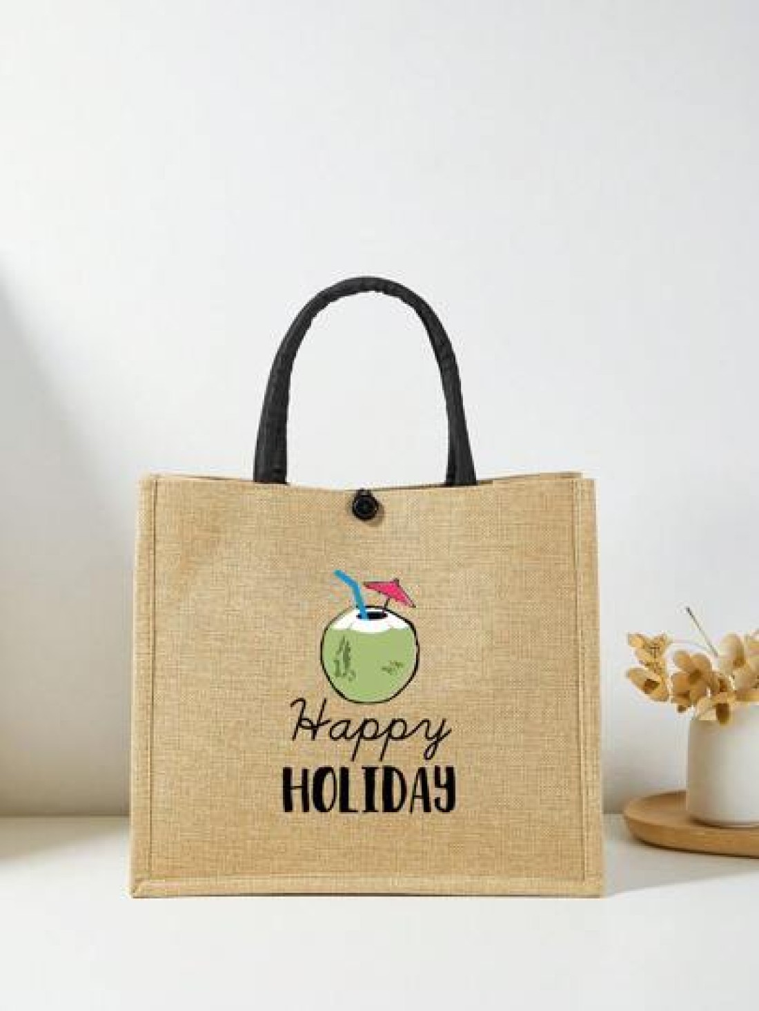 1 Pc Simple Linen Summer Element Print Tote Bag For Big Children Large Capacity Travel Bag Square Bag Gift Bag Shopping Bag Portable Button Closure Handbag For Daily Class And Back To School Shopping
