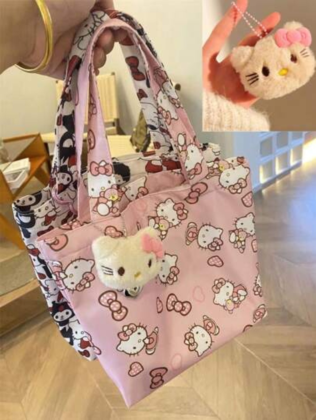 Sanrio Sanrio HELLO KITTY Women s Cute Cartoon Canvas Tote Bag Zipper Design High Quality Multi Function Storage Bag School Backpack Outdoor Bag Decorative Bag Shopping Bag Women Gift Graduation Mothe