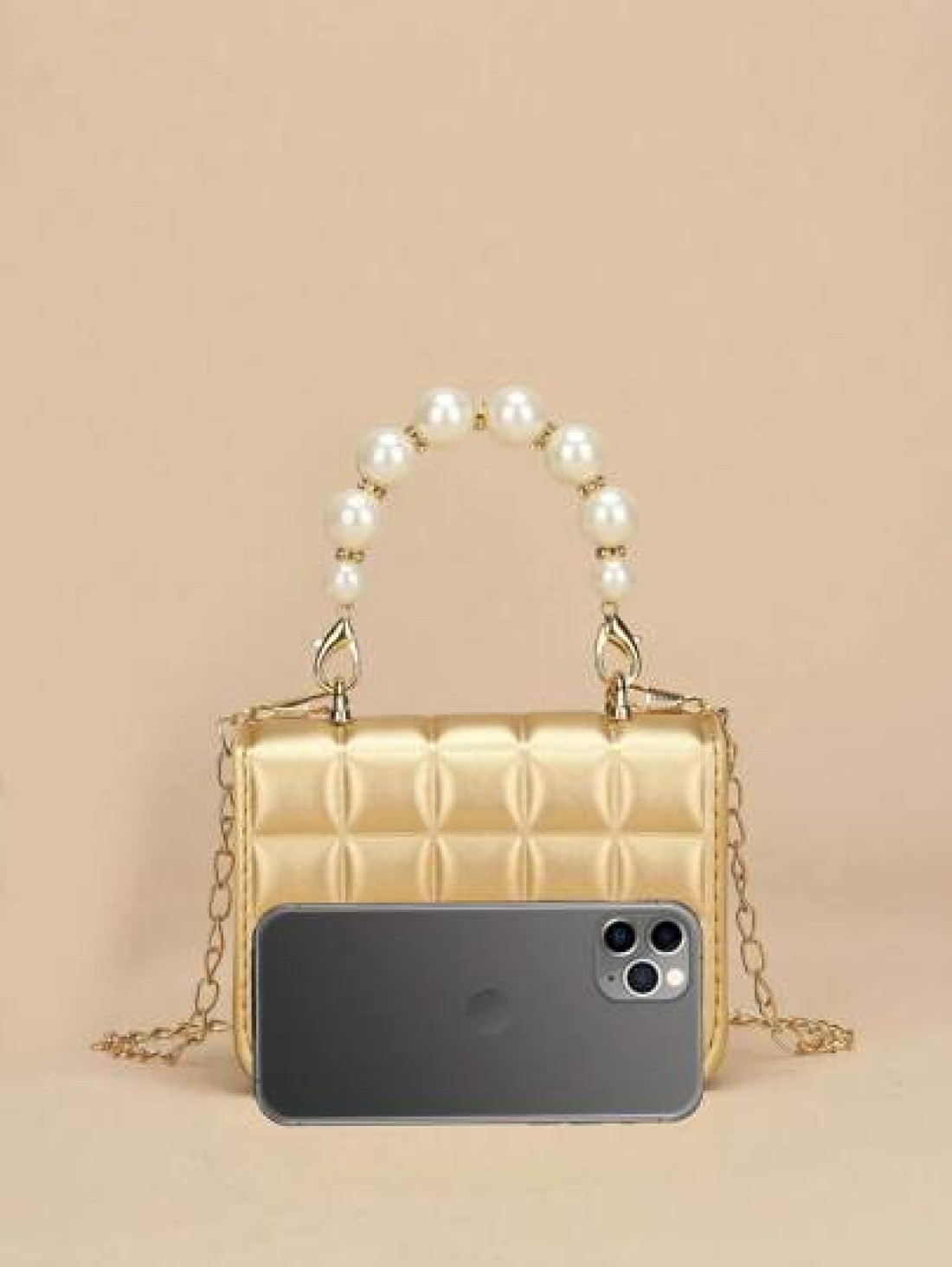 1pc Mini Girl s Textured Plaid PU Flap Minimalist Versatile Pearl Handbag Suitable For Daily Use