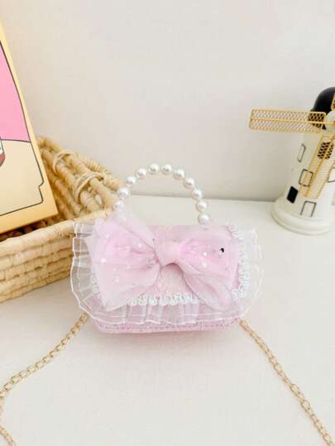 1 Pc Mini Fashion Shiny Young Children Pearl Handbag Chain Crossbody Bag Flip Bag Samll Square Bag Kawaii Princess Bag Toddler Coin Purse Cute Candy Storage Bag Portable Light Sweet Big Lace Bow Sequi