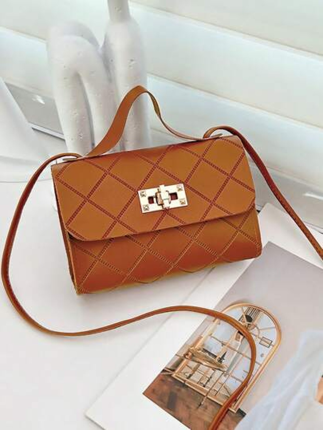1pc Girls Metal Lock Decor Handbag Shoulder Bag Wallet Coin Purse Adjustable Strap Suitable For Daily Outdoor Travel Trekking Portable Ideal Gift